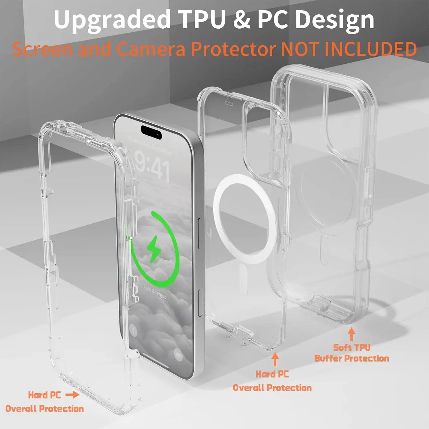 Upgraded TPU & PC Design  
Screen and Camera Protector NOT INCLUDED  

9:41  
Charged  

Soft TPU Buffer Protection  
Hard PC Overall Protection