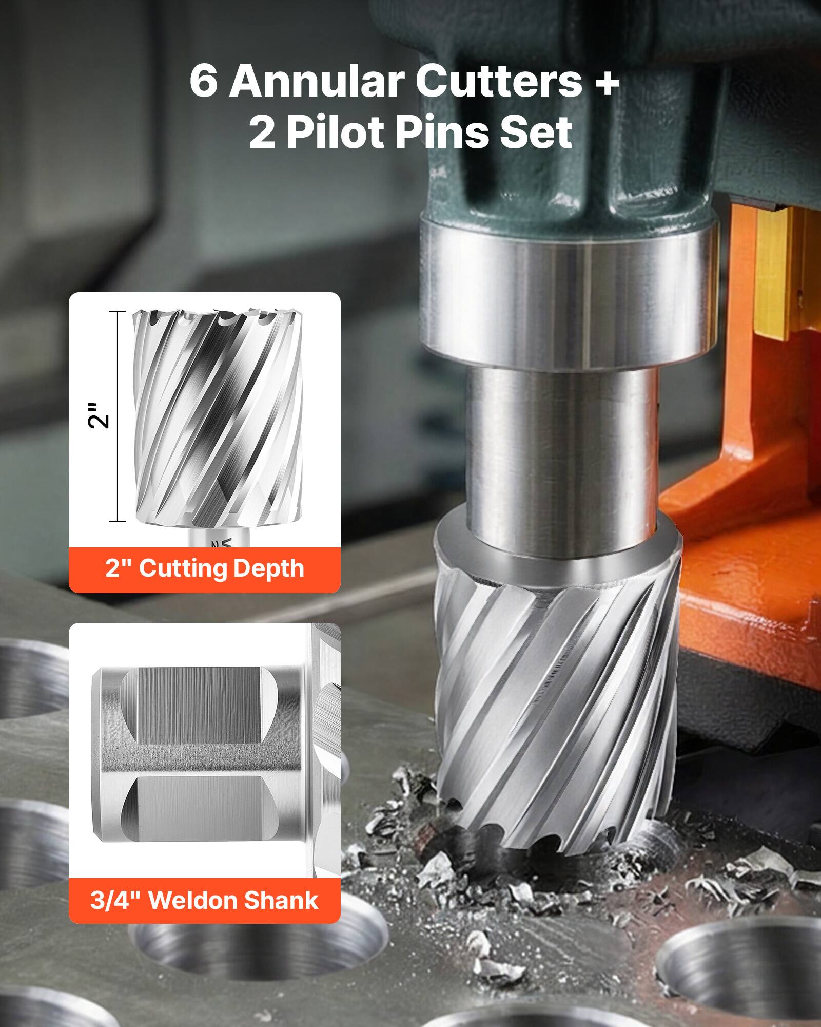 6 Annular Cutters + 2 Pilot Pins Set  
2" Cutting Depth  
3/4" Weldon Shank