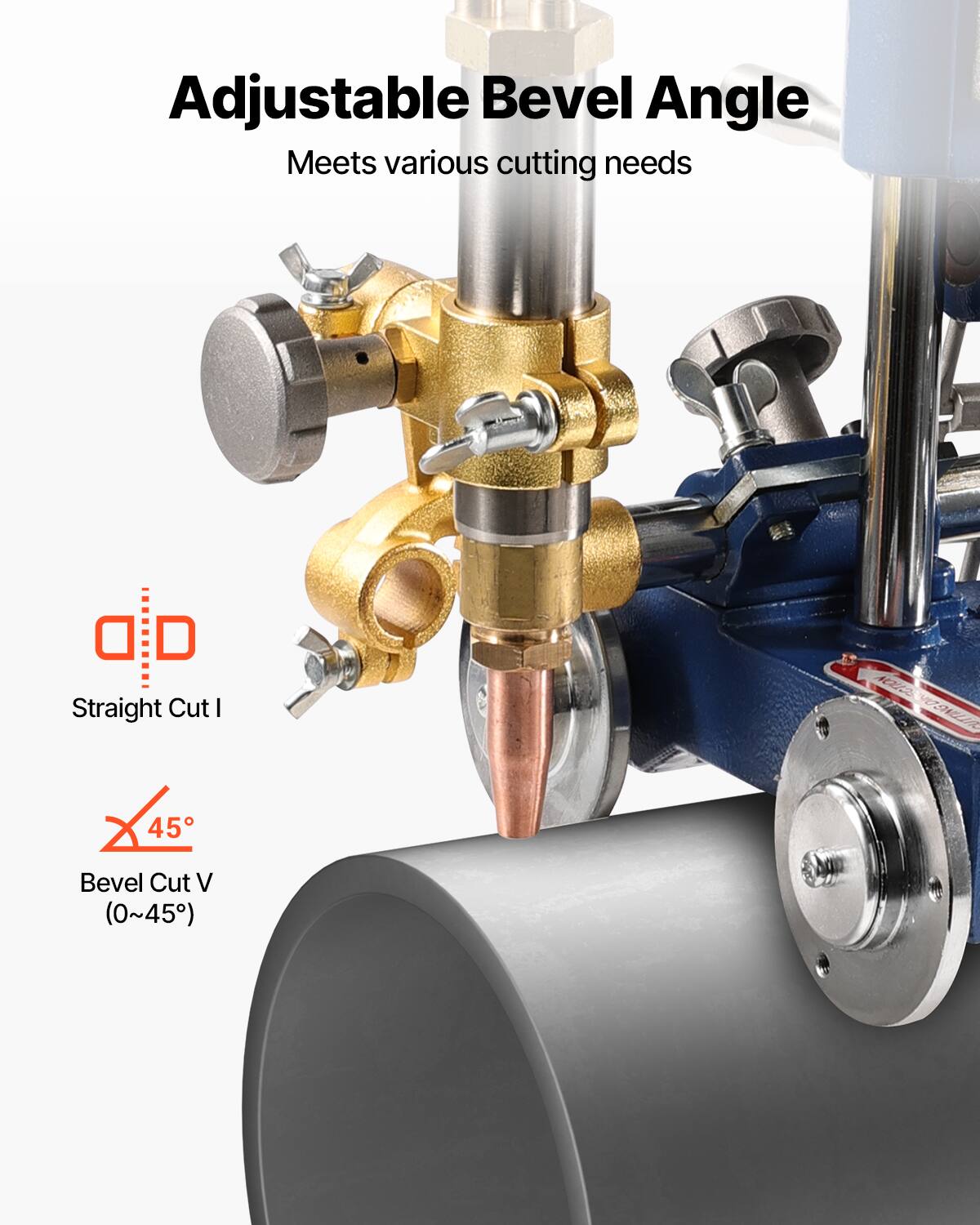 Adjustable Bevel Angle  
Meets various cutting needs  

- Straight Cut I  
- Bevel Cut V (0~45°)