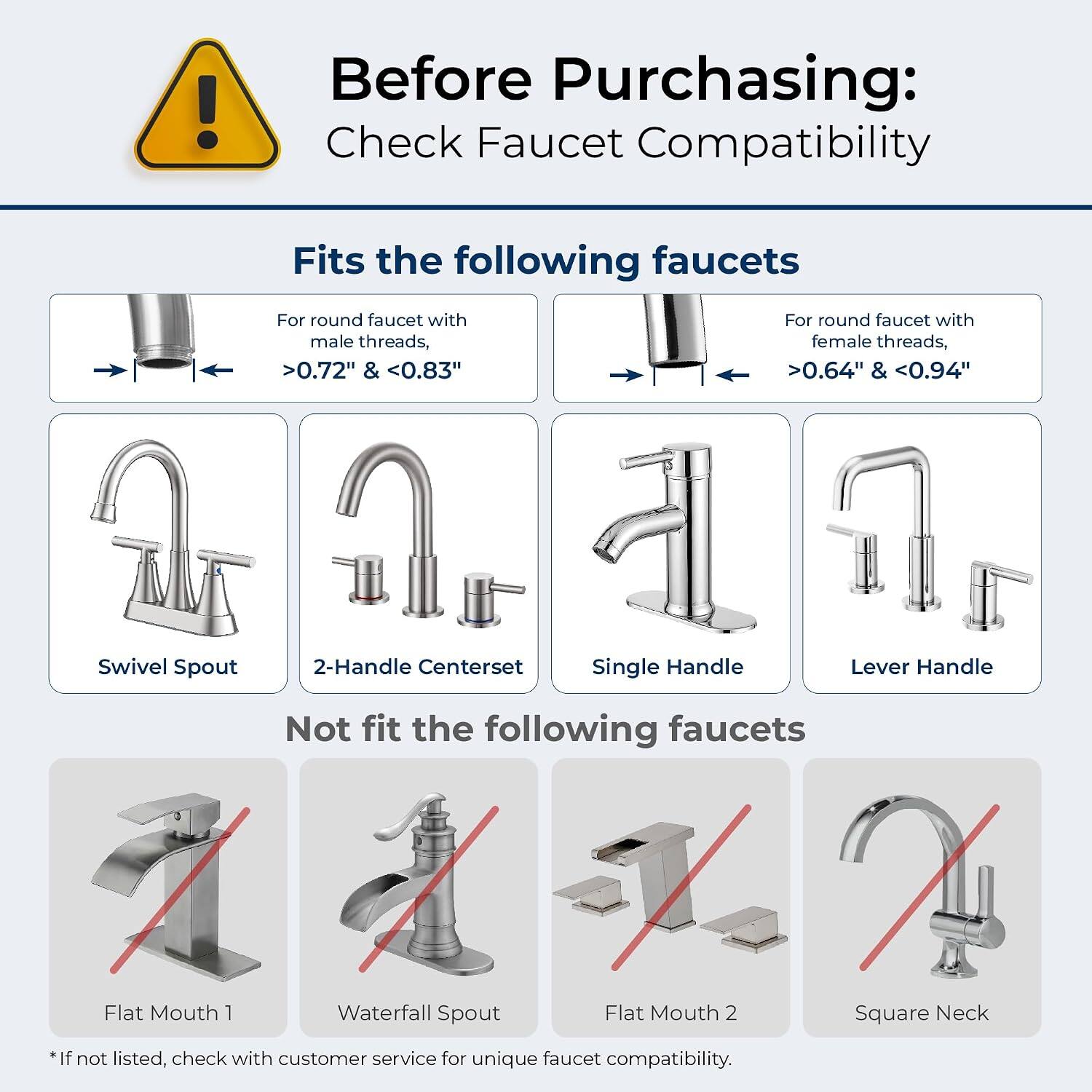 Before Purchasing: Check Faucet Compatibility

Fits the following faucets
- Swivel Spout
- 2-Handle Centerset
- Single Handle
- Lever Handle

For round faucet with male threads, >0.72" & <0.83"
For round faucet with female threads, >0.64" & <0.94"

Not fit the following faucets
- Flat Mouth 1
- Waterfall Spout
- Flat Mouth 2
- Square Neck

*If not listed, check with customer service for unique faucet compatibility.