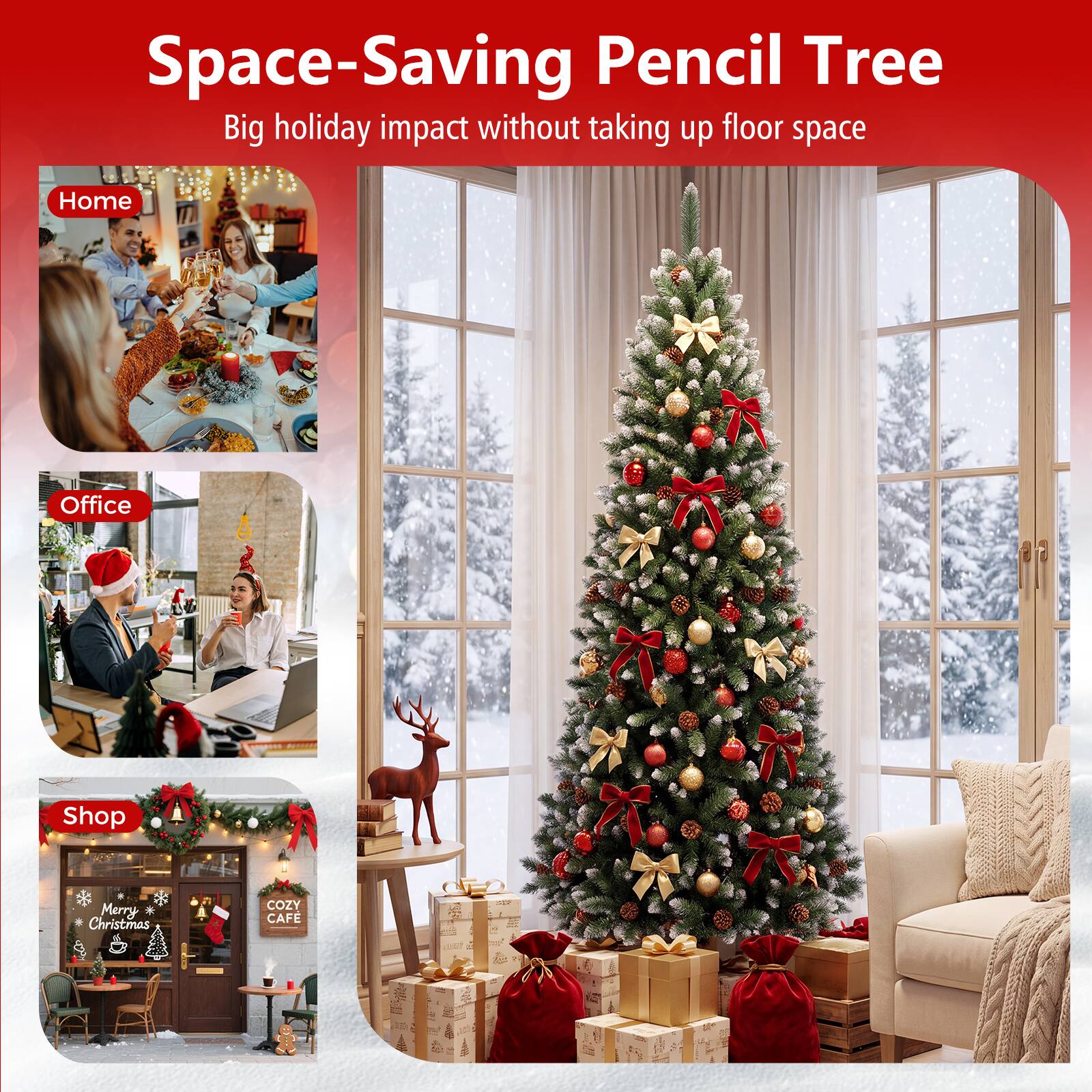 Space-Saving Pencil Tree  
Big holiday impact without taking up floor space

Home  
Office  
Shop  
Merry Christmas  
COZY CAFE