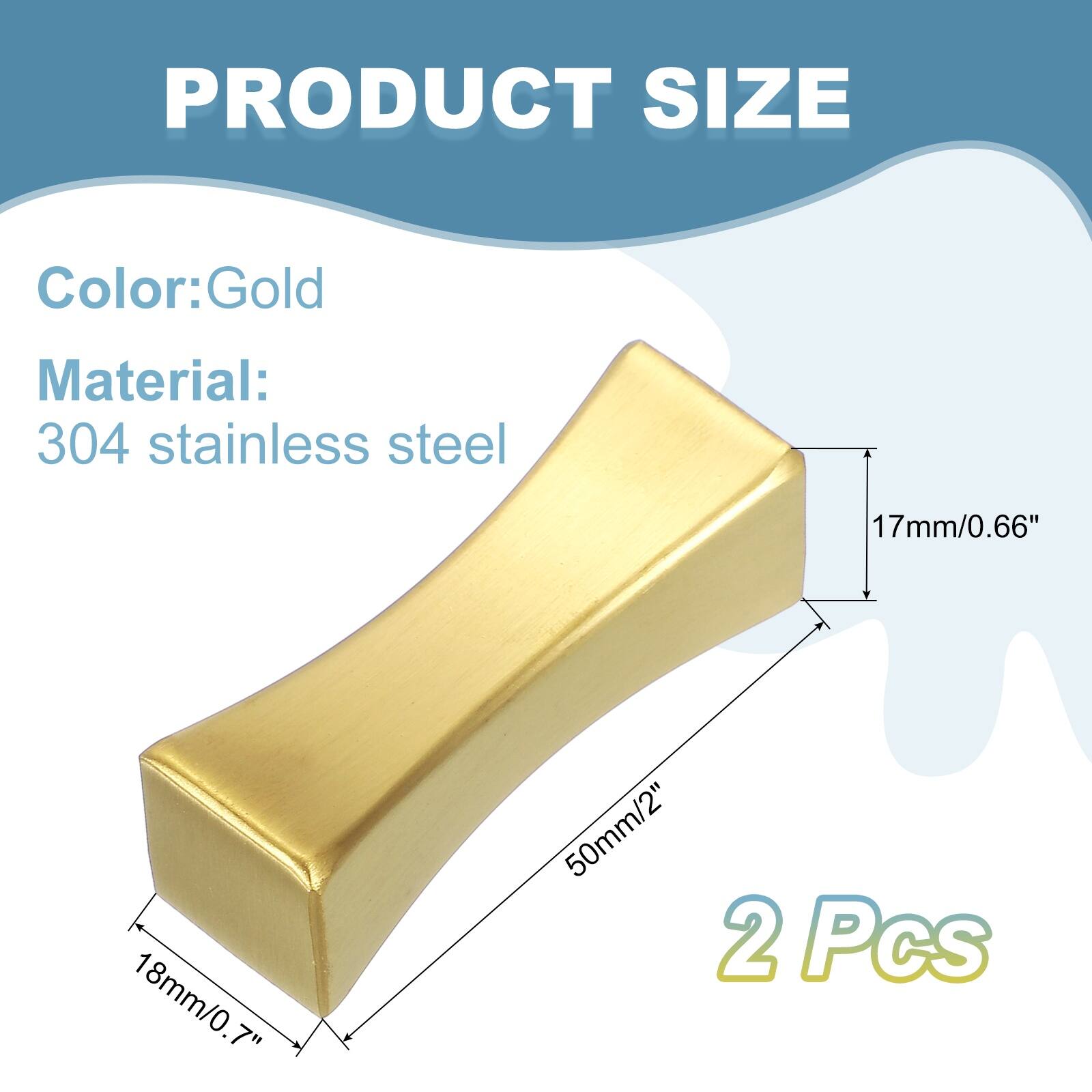 PRODUCT SIZE

Color: Gold  
Material: 304 stainless steel

17mm/0.66"  
18mm/0.7"  
50mm/2"  

2 Pcs