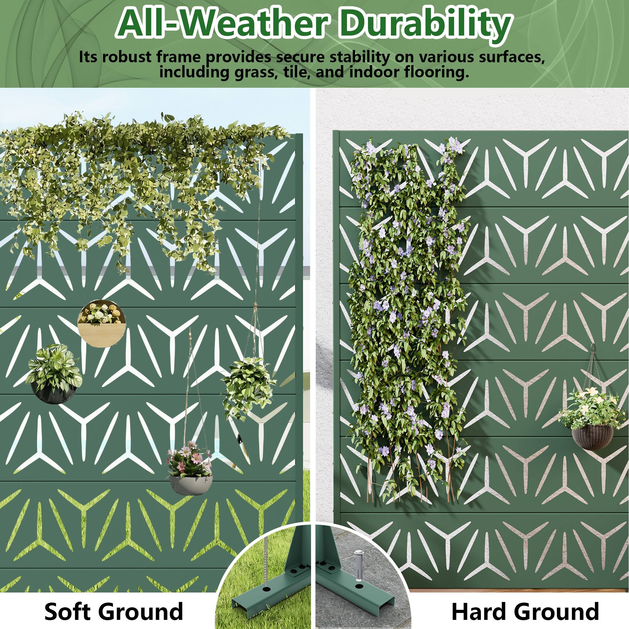 All-Weather Durability  
Its robust frame provides secure stability on various surfaces, including grass, tile, and indoor flooring.  

Soft Ground  
Hard Ground