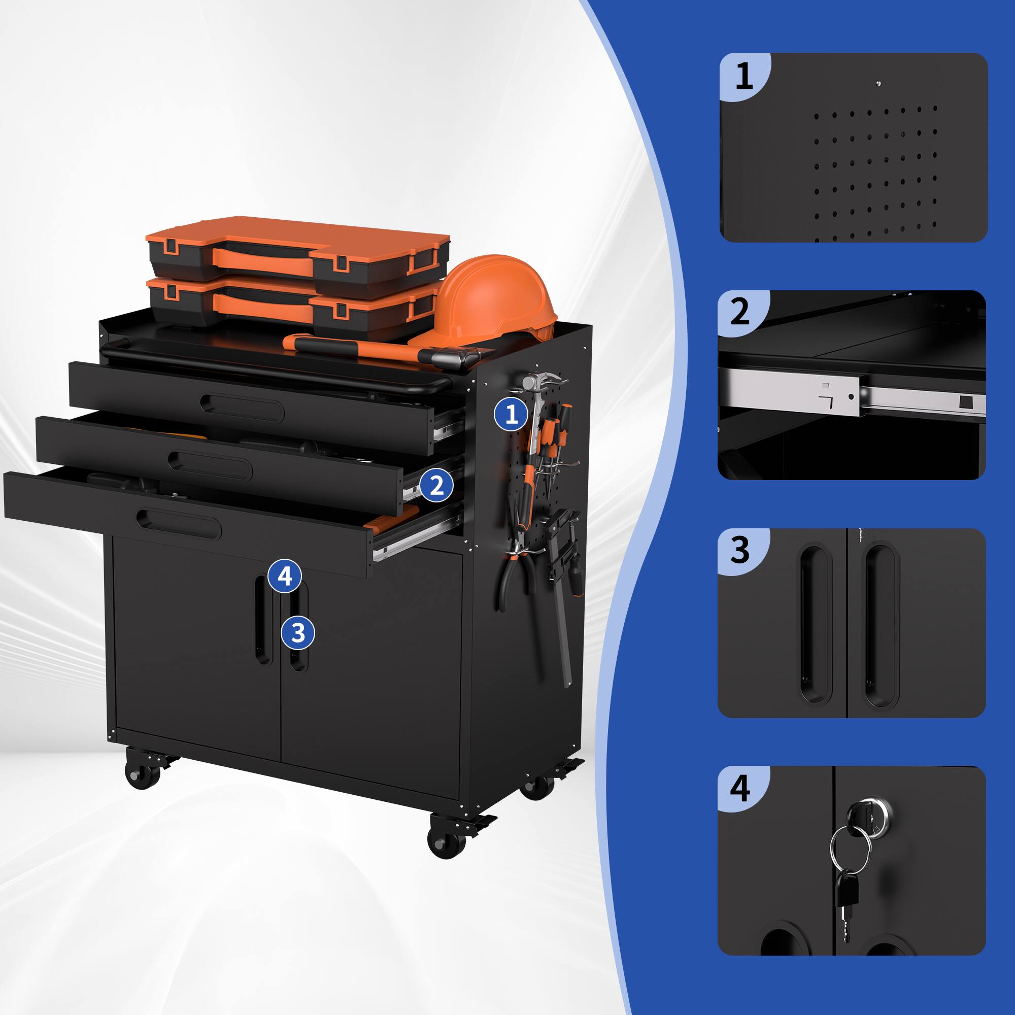 Alt View 2. Anysun - Anysun 3-Drawer Heavy-Duty Mobile Metal Garage Storage Cabinet with Lockable Doors - Black.