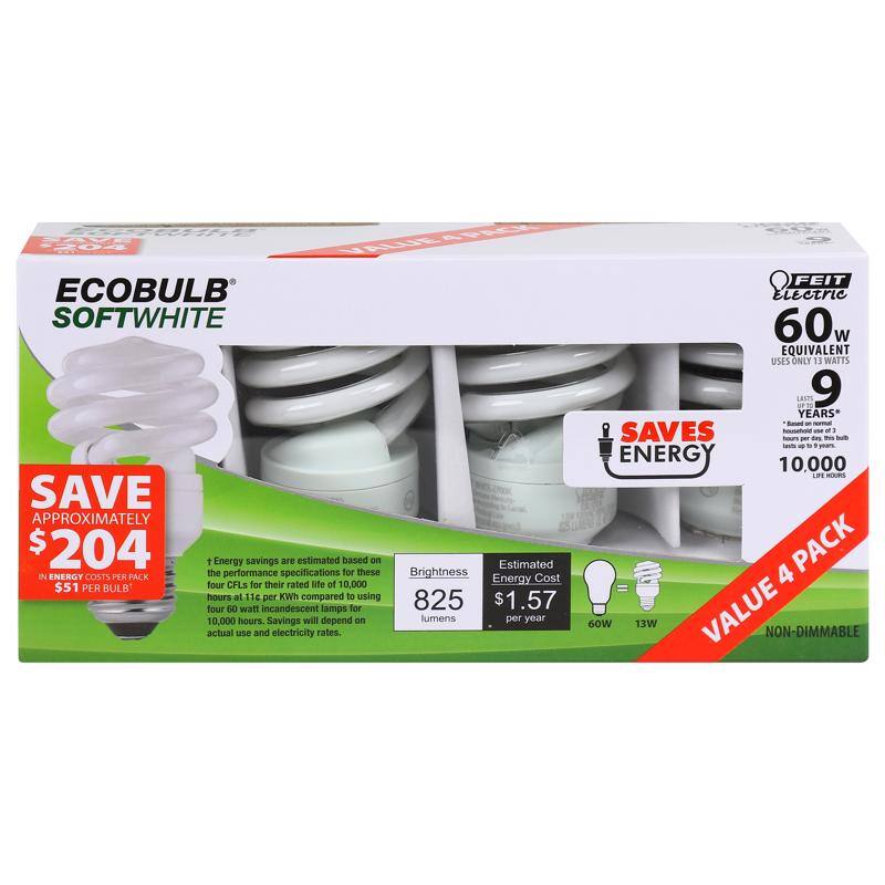 ECOBULB SOFTWHITE

FEIT Electric

60W EQUIVALENT
USES ONLY 9 WATTS
LASTS UP TO 9 YEARS*
10,000 LIFE HOURS

SAVE APPROXIMATELY $204 IN ENERGY COSTS PER PACK
$51 PER BULB*

Energy savings are estimated based on the performance specifications for these four CFLs for their rated life of 10,000 hours at 11.4 kWh compared to using 60W incandescent lamps for 10,000 hours. Savings will depend on actual use and electricity rates.

Brightness: 825 lumens
Estimated Energy Cost: $1.57 per year

VALUE 4 PACK
NON-DIMMABLE

SAVES ENERGY
