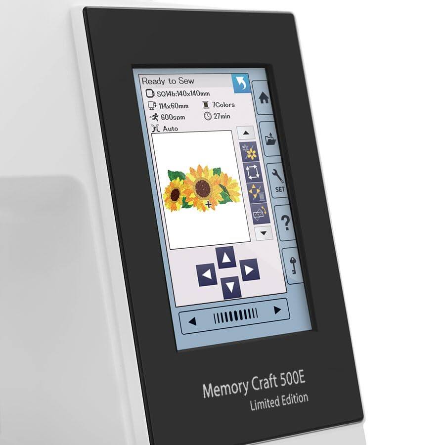 Ready to Sew  
SQ14b: 140x140mm  
114x60mm  
7 Colors  
600spm  
27 min  
Auto  

Memory Craft 500E  
Limited Edition
