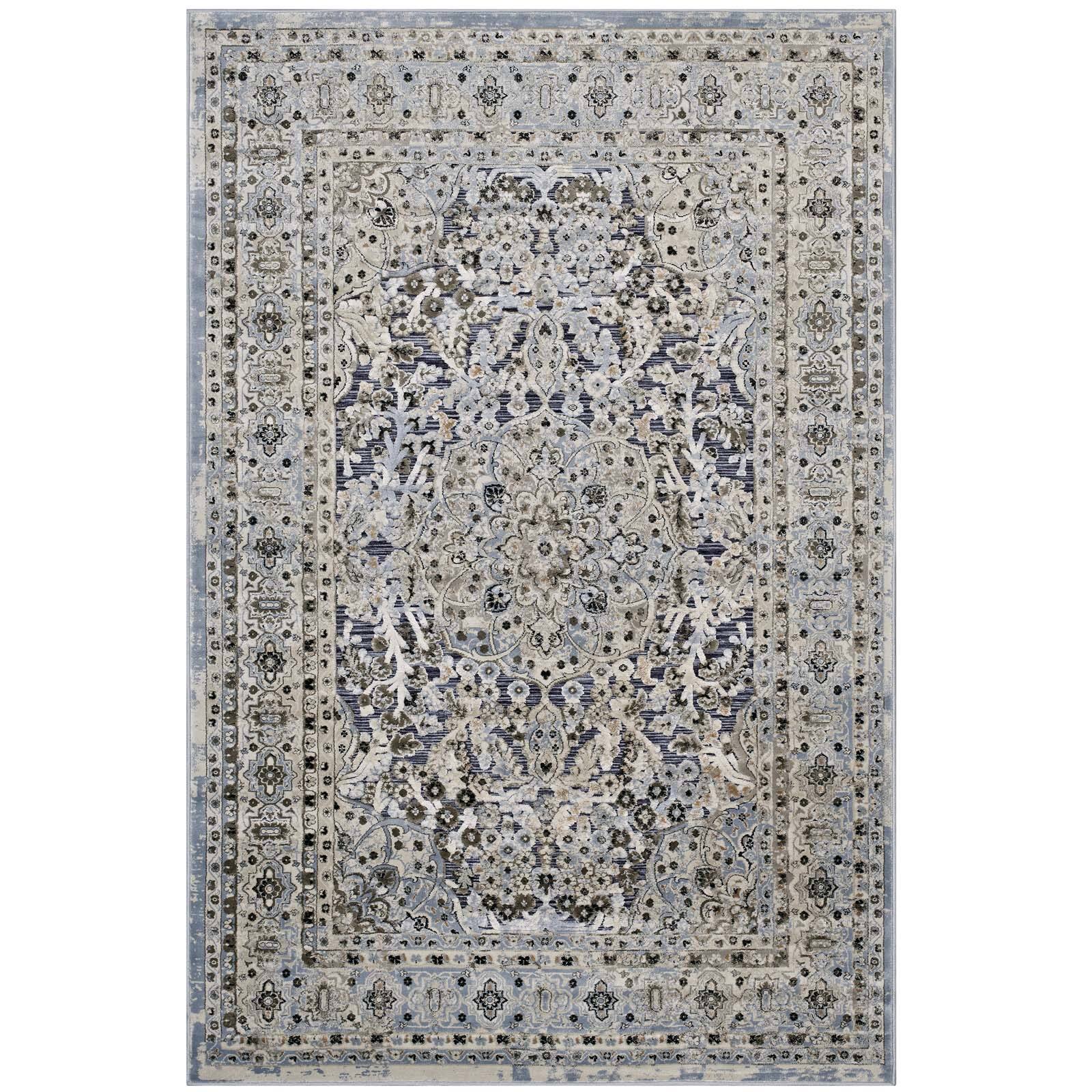 Angle. Modway - Elqenna Ornate Vintage Floral Turkish Area Rug - Blue and Cream.