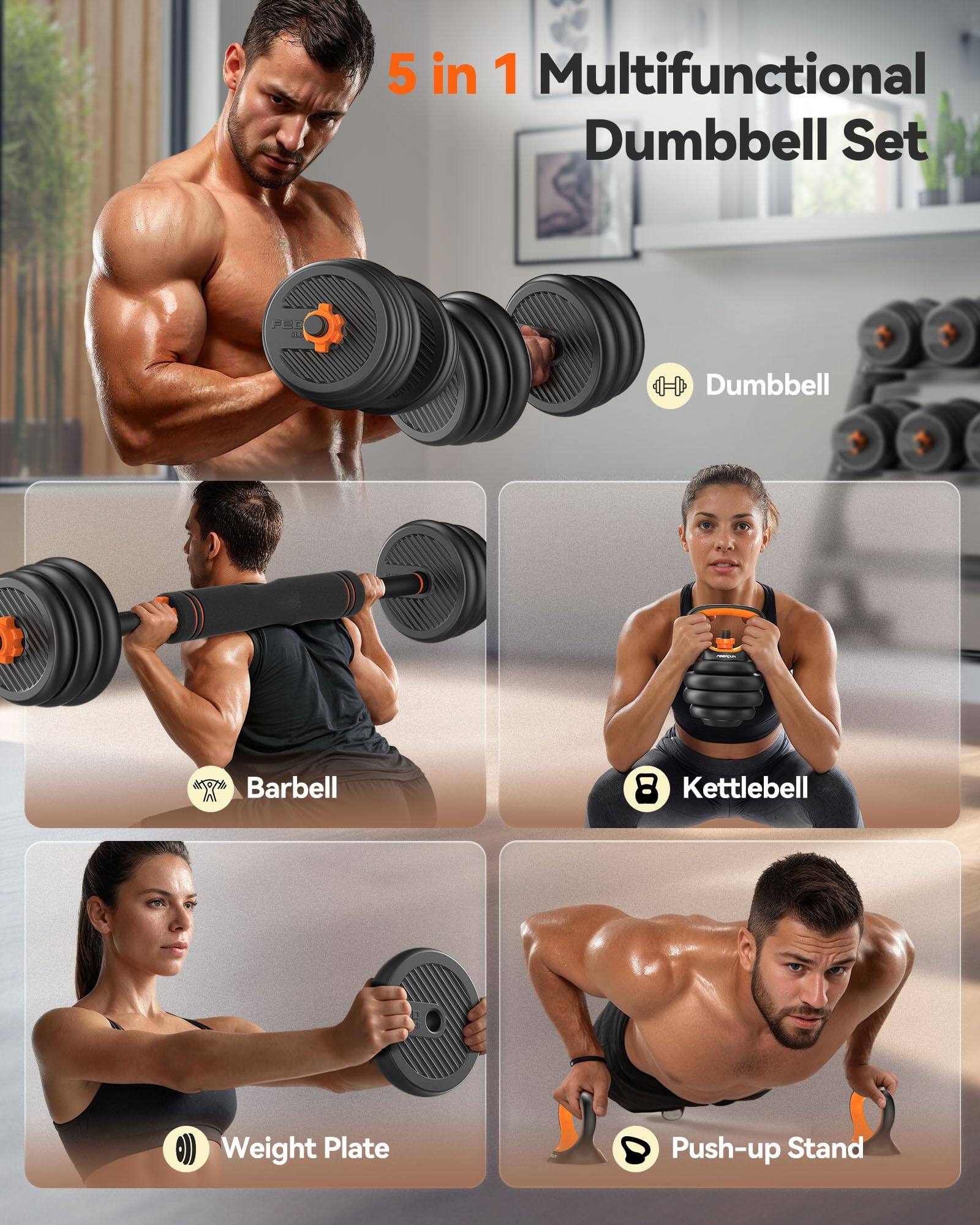 5 in 1 Multifunctional Dumbbell Set

- Dumbbell
- Barbell
- Kettlebell
- Weight Plate
- Push-up Stand