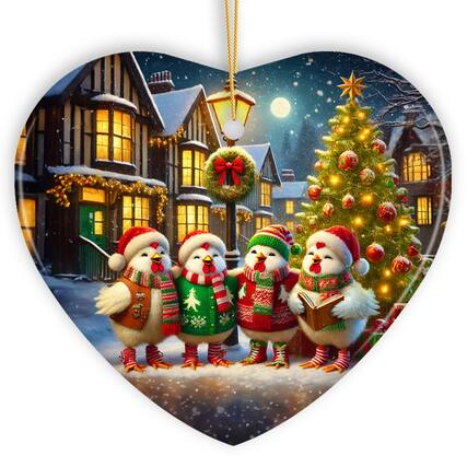 Front. OrnamentallyYou - Delightful Victorian Chicken Carolers Ornament Cozy Christmas Tree Decor Heart Version - Multi-colored.