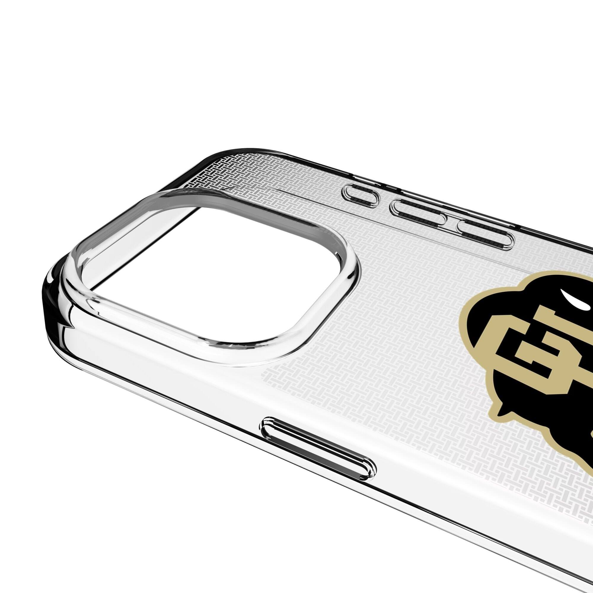 Alt View 2. Keyscaper - Colorado Buffaloes Linen Logo iPhone Clear Case - 15 Plus - Multicolor.