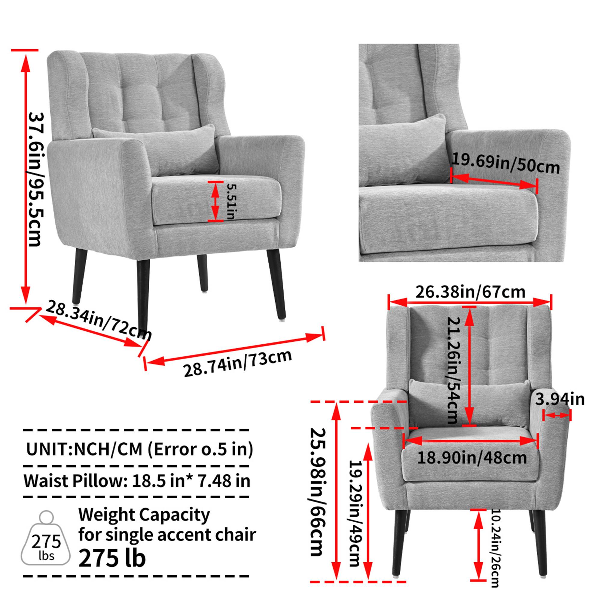 Sure, here is the corrected and grouped text from the image:

---

**Dimensions:**

- Height: 37.6 in / 95.5 cm
- Depth: 28.34 in / 72 cm
- Width: 28.74 in / 73 cm
- Seat Height: 5.51 in
- Seat Depth: 19.69 in / 50 cm
- Seat Width: 19.29 in / 49 cm
- Armrest Height: 21.26 in / 54 cm
- Armrest Width: 26.38 in / 67 cm
- Back Height: 19.69 in / 50 cm
- Back Width: 18.90 in / 48 cm
- Waist Pillow: 18.5 in x 7.48 in
- Weight Capacity: 275 lb

**Unit:** NCH / CM (Error 0.5 in)

---

This should provide a clear and organized summary of the measurements and specifications from the image.