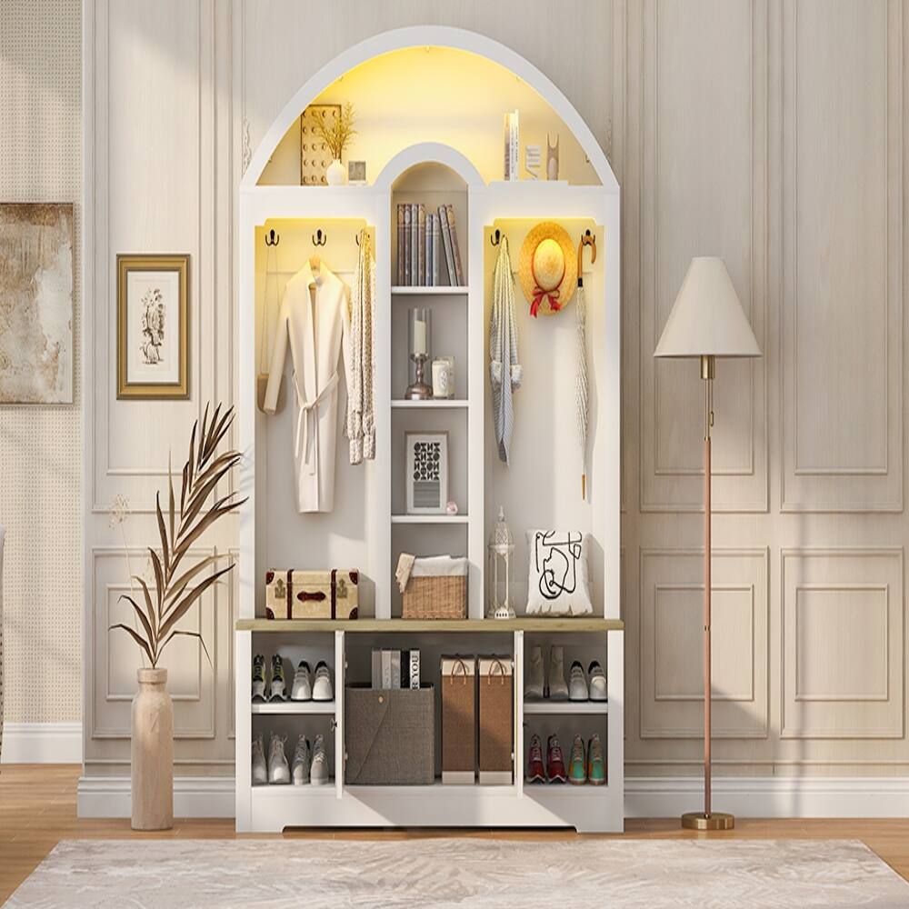 Left. Loheer - Loheer Curved Entrance Wardrobe Hall Tree With Shoe Bench Two-Tone 59-Inch - White and Walnut.