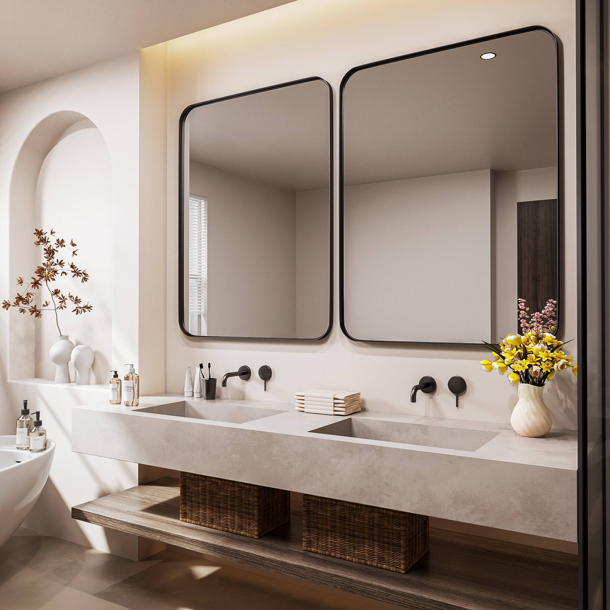 LOVMOR Tempered Glass Rounded Rectangle Framed Wall Mounted Bathroom Vanity Mirror 40" x 30 ...