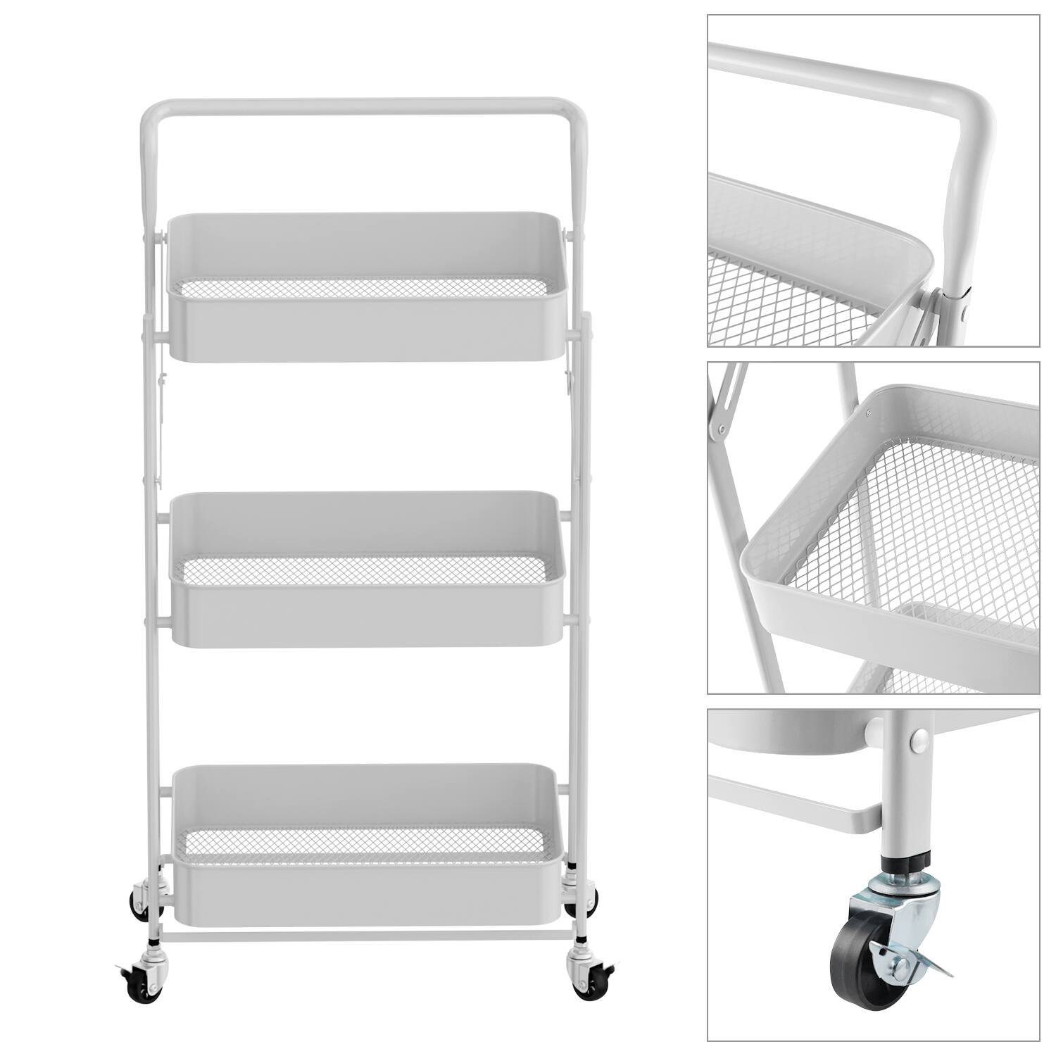 Left. Malletson - 3-Tier Foldable Rolling Cart, Storage Rack with Handle Multi-Purpose and Locking Wheels for Office, Kitchen, Bathroom - White.