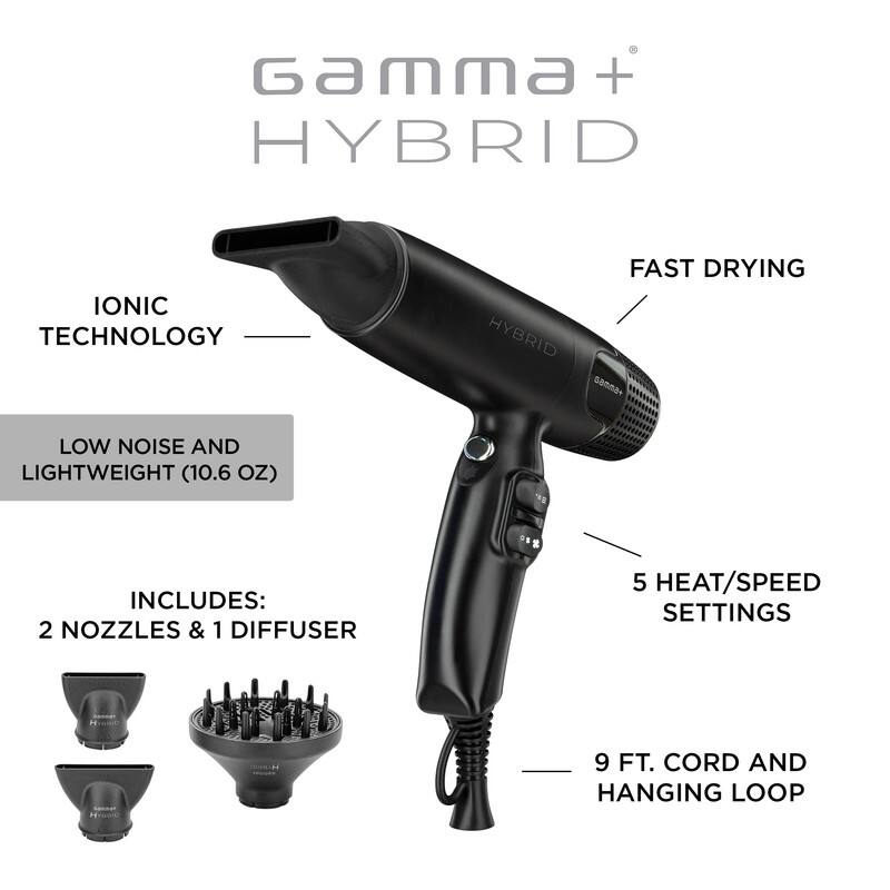 Gamma + HYBRID IONIC TECHNOLOGY FAST DRYING HYBRID LOW NOISE AND LIGHTWEIGHT (10.6 OZ) INCLUDES: 2 NOZZLES & 1 DIFFUSER 5 HEAT/SPEED SETTINGS 9 FT. CORD AND HANGING LOOP