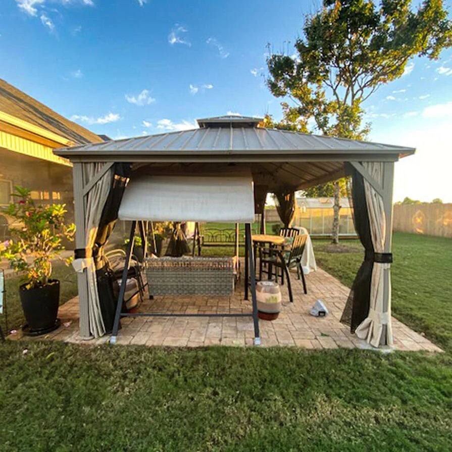 Alt View 2. PURPLE LEAF - 12 X 16 FT Outdoor Aluminum Champagne Hardtop Gazebo with Galvanized Steel Double Roof with Netting and Curtains - 12' X 16'.
