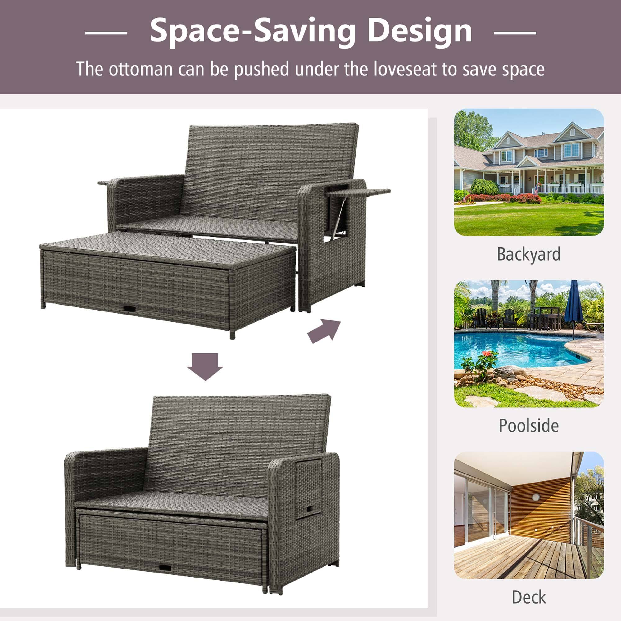Space-Saving Design: The ottoman can be pushed under the loveseat to save space. Backyard Poolside Deck: The image shows a backyard with a pool and a deck.