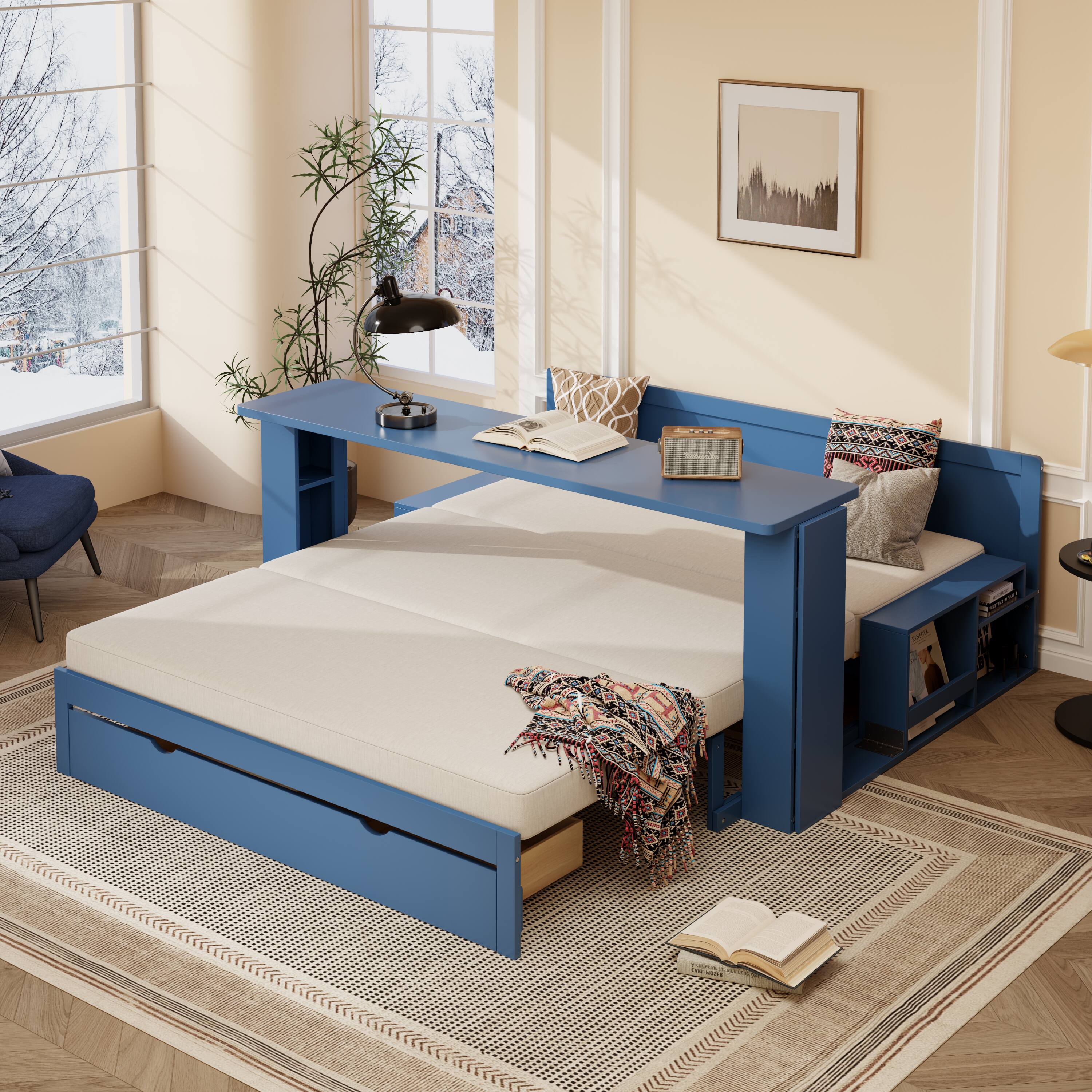 Alt View 1. Anysun - Queen Size Daybed with Removable Desk, Storage Drawers & Hydraulic Side Table - Blue.