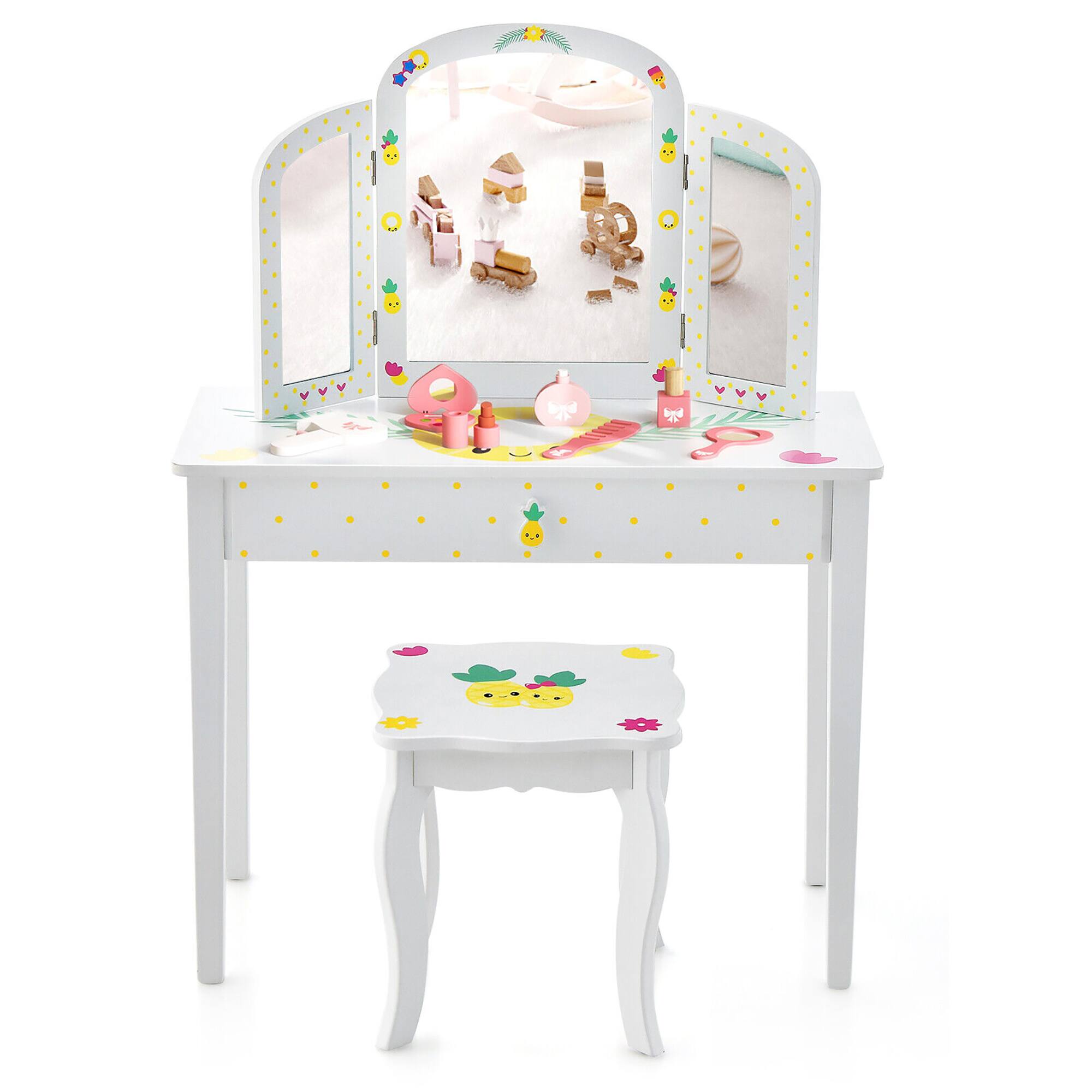 Alt View 9. Gymax - Gymax Kids Vanity Table Set Tri-Folding Mirror Pretend Play Dressing Large Drawer - White.