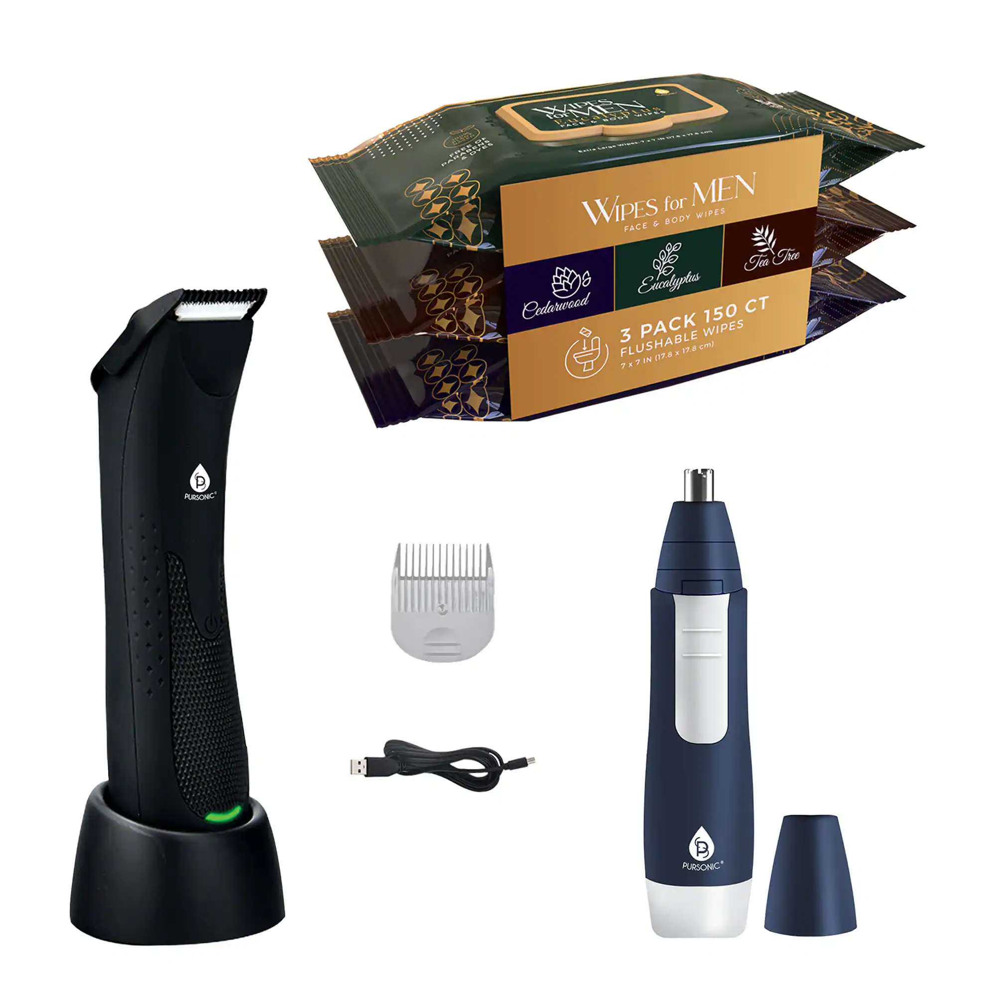 PURSONIC

WIPES for MEN  
FACE & BODY WIPES  
3 PACK 150 CT  
FLUSHABLE  
7 x 7 IN (17.8 cm)  

Cedarwood  
Eucalyptus  
Tea Tree  

PURSONIC