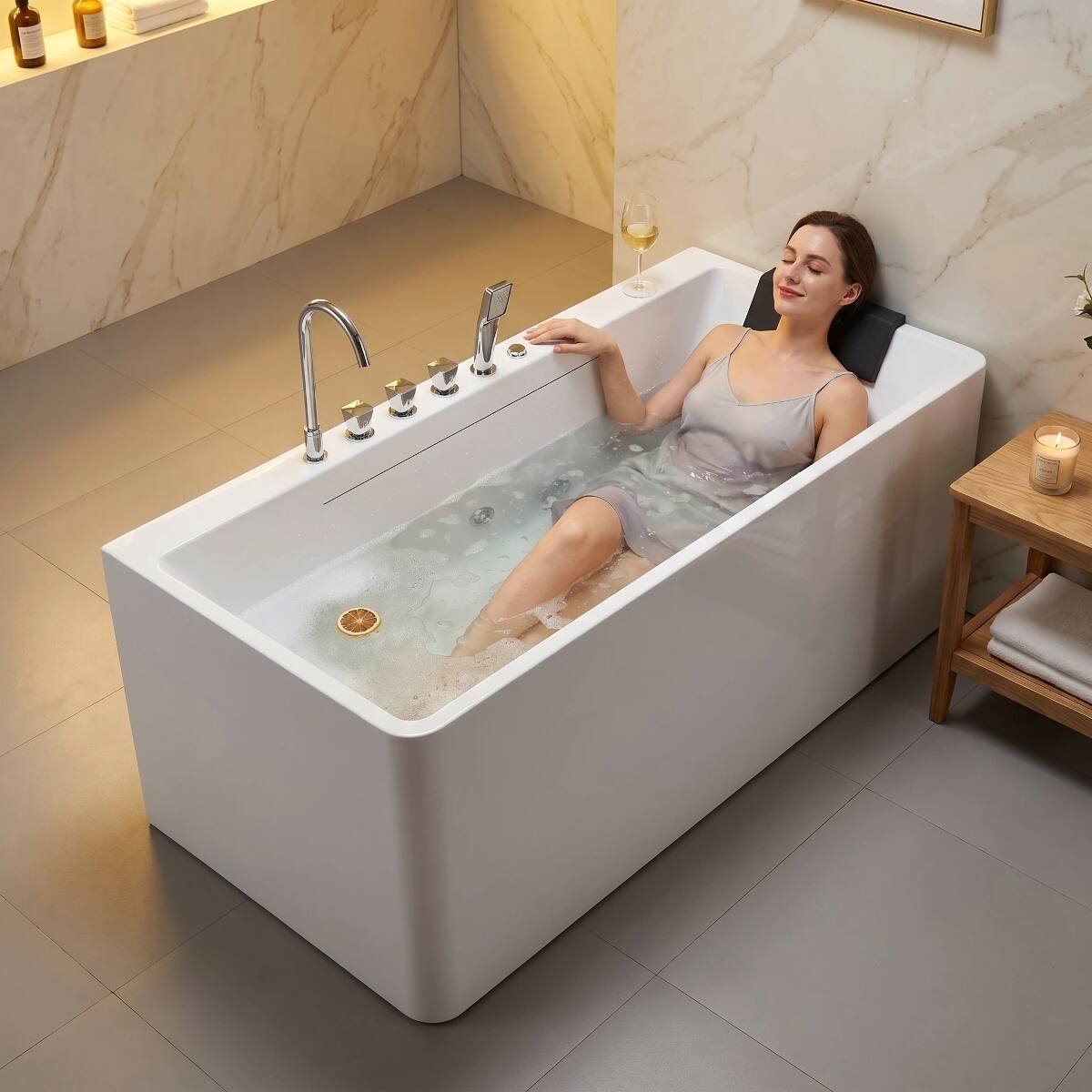 Alt View 9. Loheer - Loheer 67 Inch Freestanding Whirlpool Bathtub Rectangular Acrylic Spa Bathtub with Ambient Light and Center Drain - Milk White.