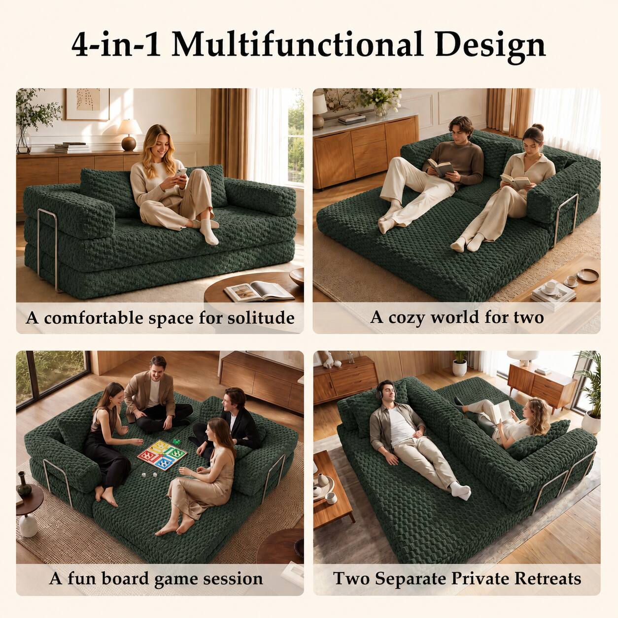 4-in-1 Multifunctional Design

A comfortable space for solitude

A cozy world for two

A fun board game session

Two Separate Private Retreats
