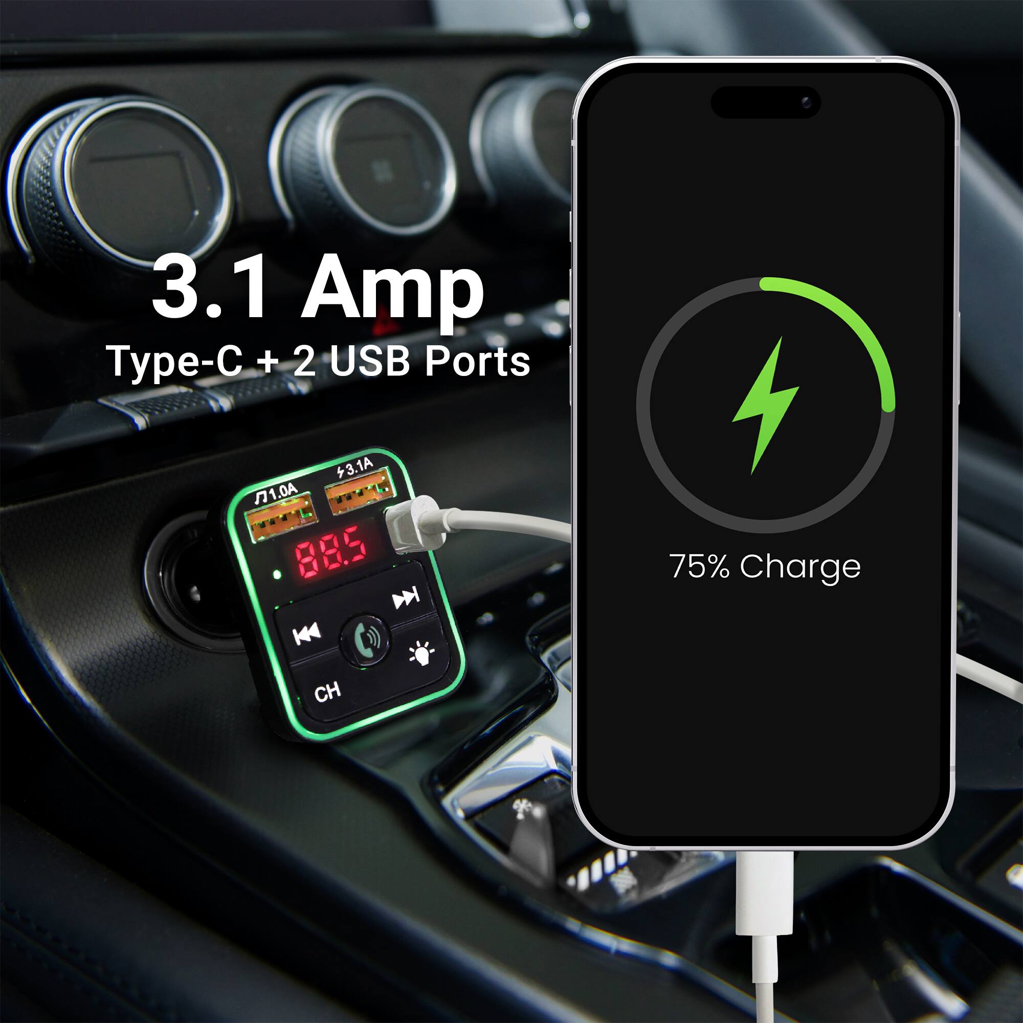 3.1 Amp Type-C + 2 USB Ports  
3.1A / 1.0A  
88.5 K4  
75% Charge