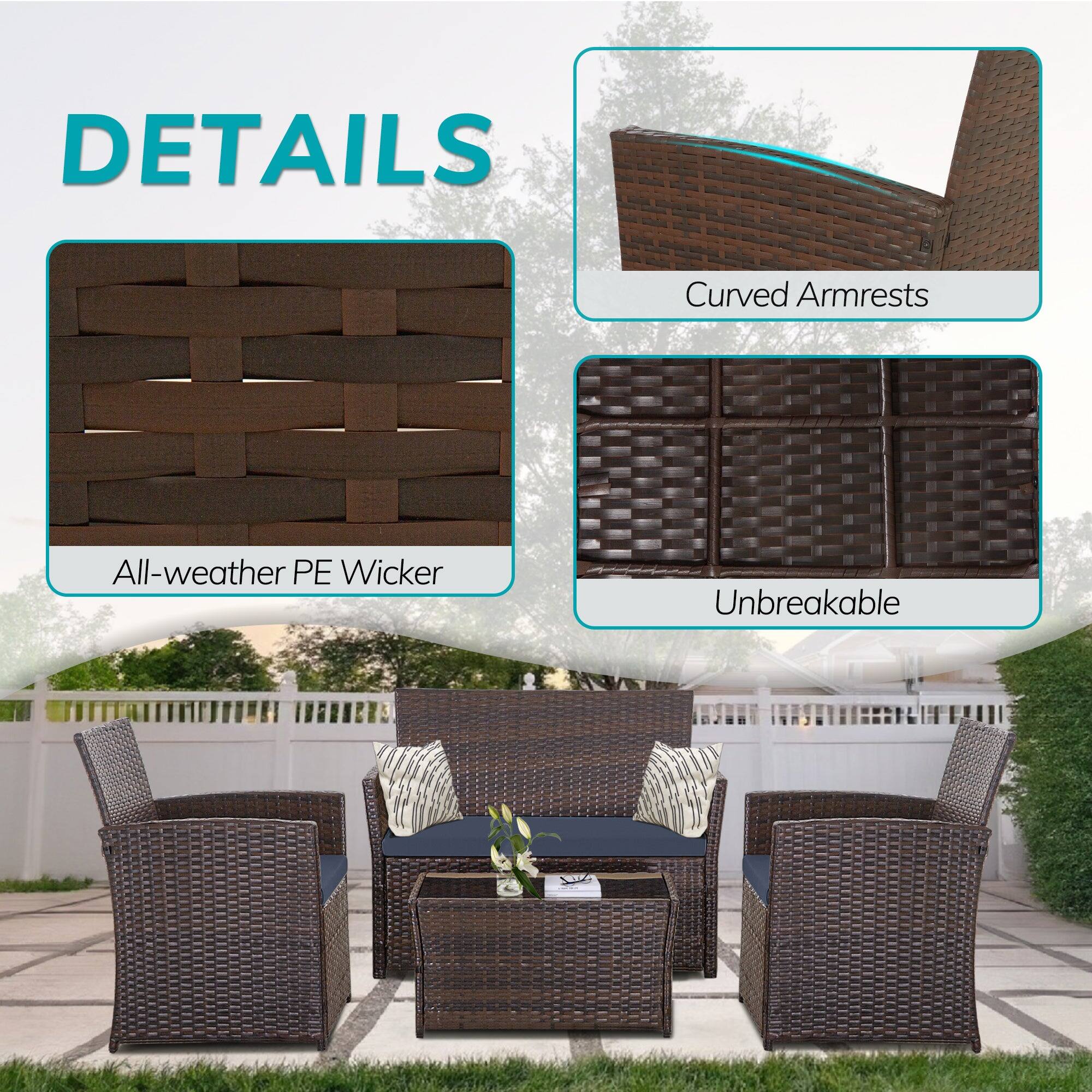 DETAILS  
- Curved Armrests  
- All-weather PE Wicker  
- Unbreakable