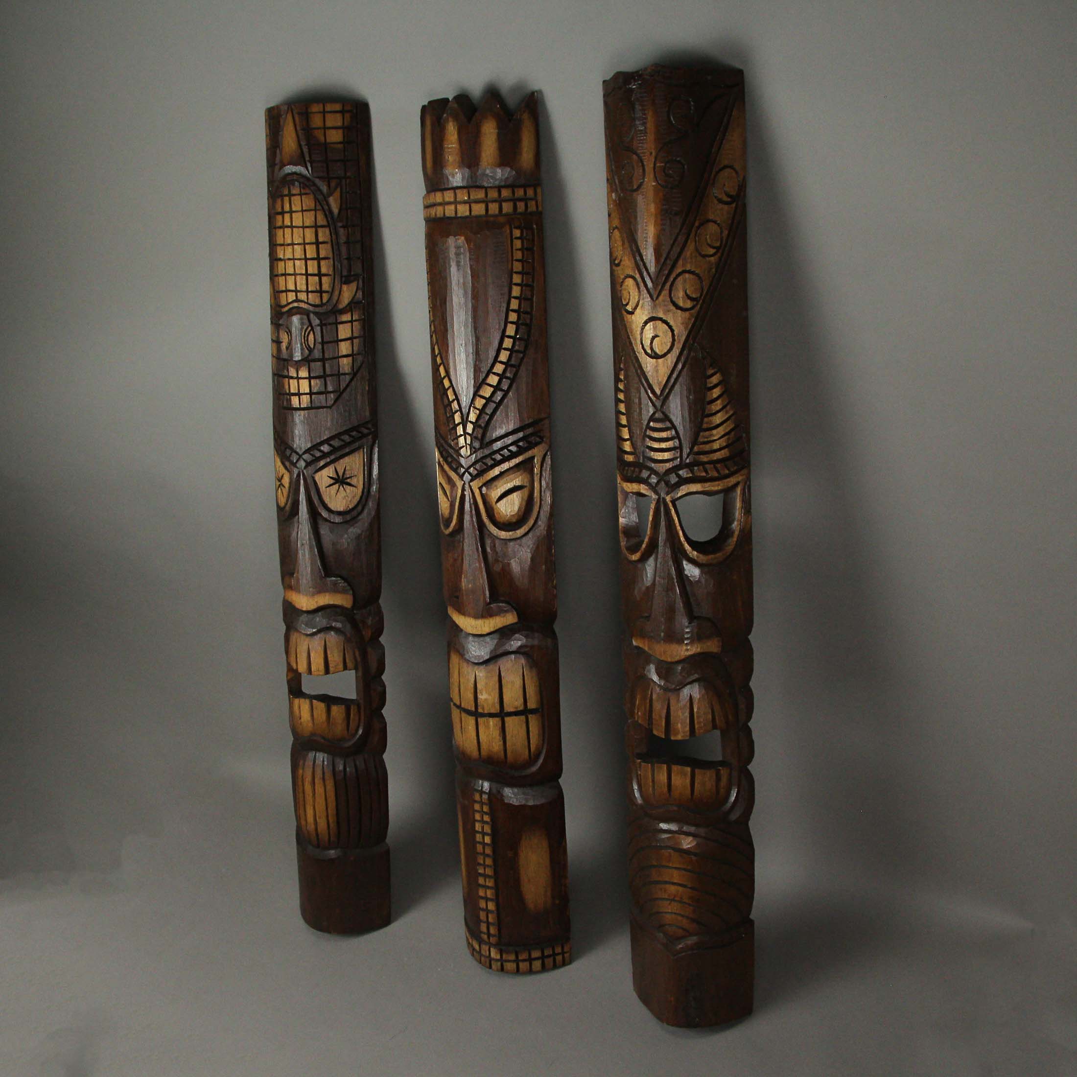 Alt View 1. Zeckos - 40 Inch Hand Carved Tiki Mask Wall Decor Tropical Beach Home Hanging Art Set / 3 - Brown.