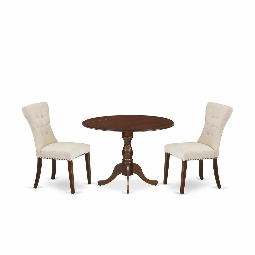 Left. East West Furniture - East West Furniture DMGA3-MAH-32 3 Piece Modern Dining Table Set - Mahogany Dinning Table and 2 Light Tan Linen Fabric - Mahogany.
