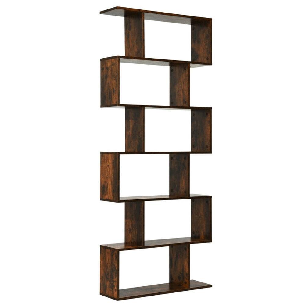 Angle. Pefilos - 6 Tier S-Shaped Bookshelf Storage Display Bookcase Decor Z-Shelf -Coffee, Tall Bookshelf, Shelves for Living Room - Brown.