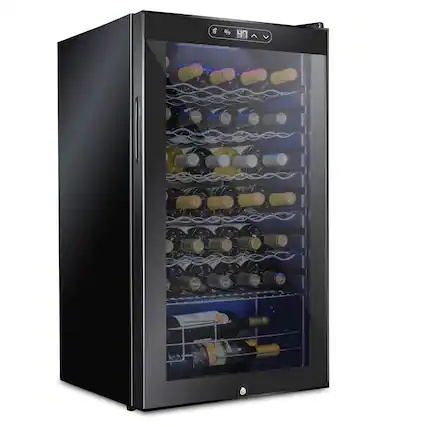 Front. Schmecke - 34 Bottle Compressor Wine Refrigerator, Freestanding Wine Cooler with Lock, Black - Black.