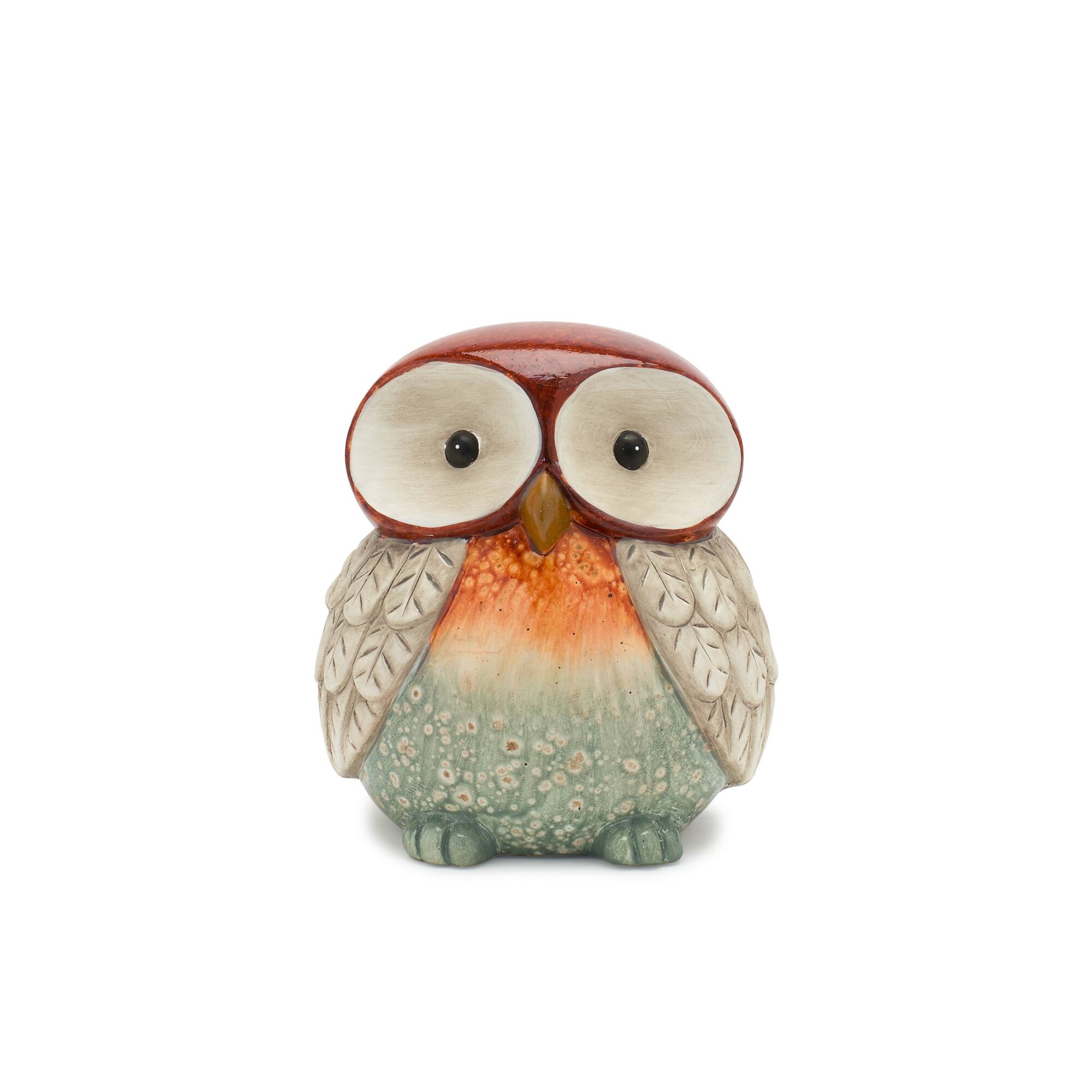 Back. BreeBe - Terra Cotta Owl Figurine with Glazed Accents (Set of 4) - Orange, Green, Beige.