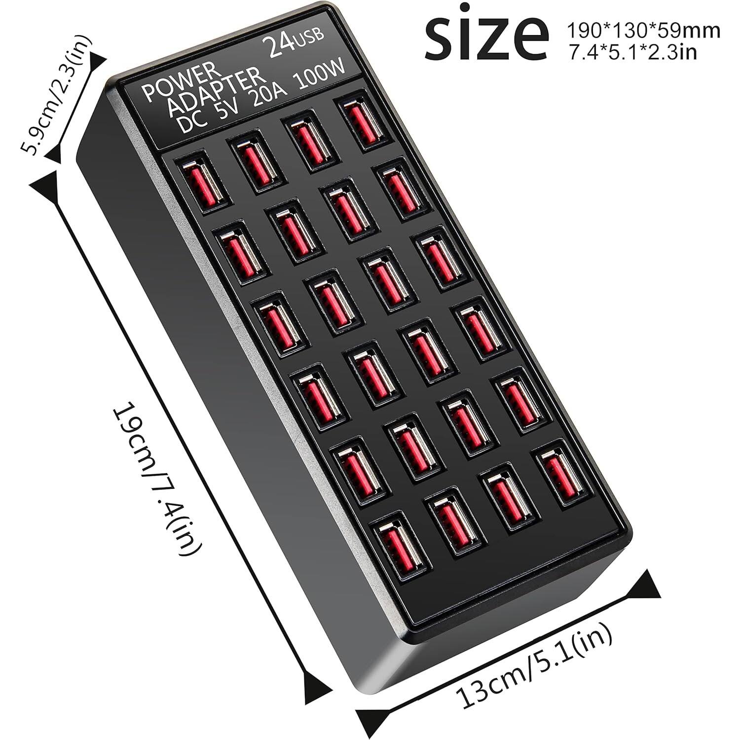 24USB POWER ADAPTER 100W 5V 20A DC
size 190*130*59mm 7.4*5.1*2.3in
19cm/7.4(in)
13cm/5.1(in)