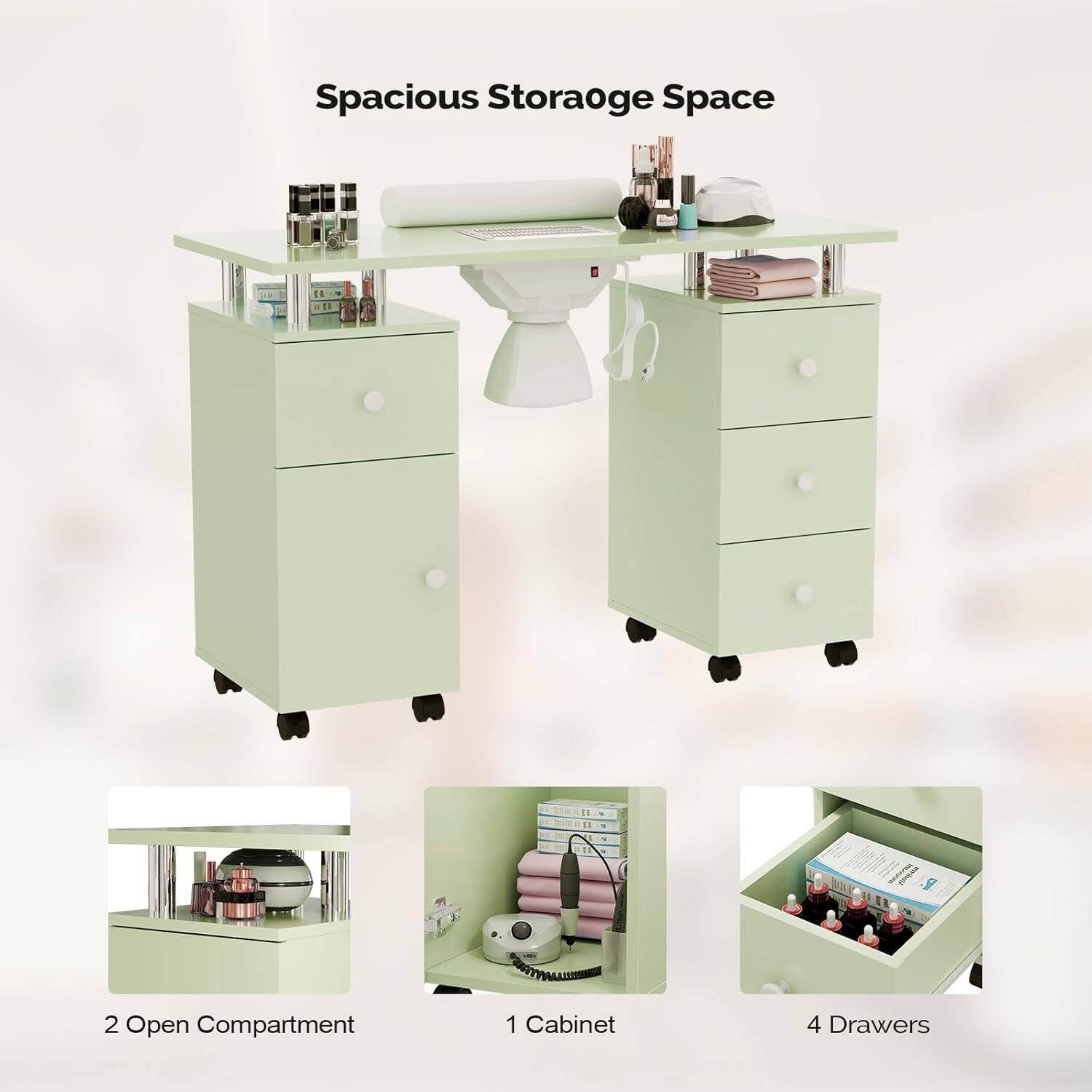 Spacious Storage Space

2 Open Compartments

1 Cabinet

4 Drawers