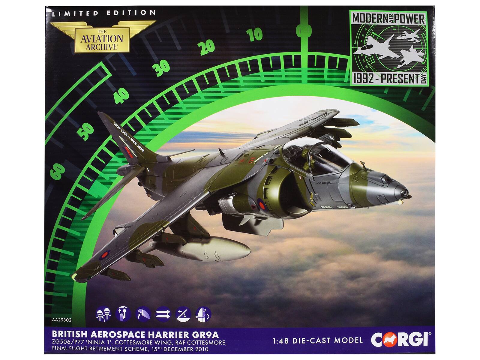 LIMITED EDITION  
THE AVIATION ARCHIVE  
1965 - DEC 2010  

MODERN POWER  
1992 - PRESENT  

BRITISH AEROSPACE HARRIER GR9A  
ZG506/P77 'NINJA 1', COTTESMORE WINGS, RAF COTTESMORE, FINAL FLIGHT RETIREMENT SCHEME, 15TH DECEMBER 2010  

1:48 DIE-CAST MODEL  
CORGI  

AA29302