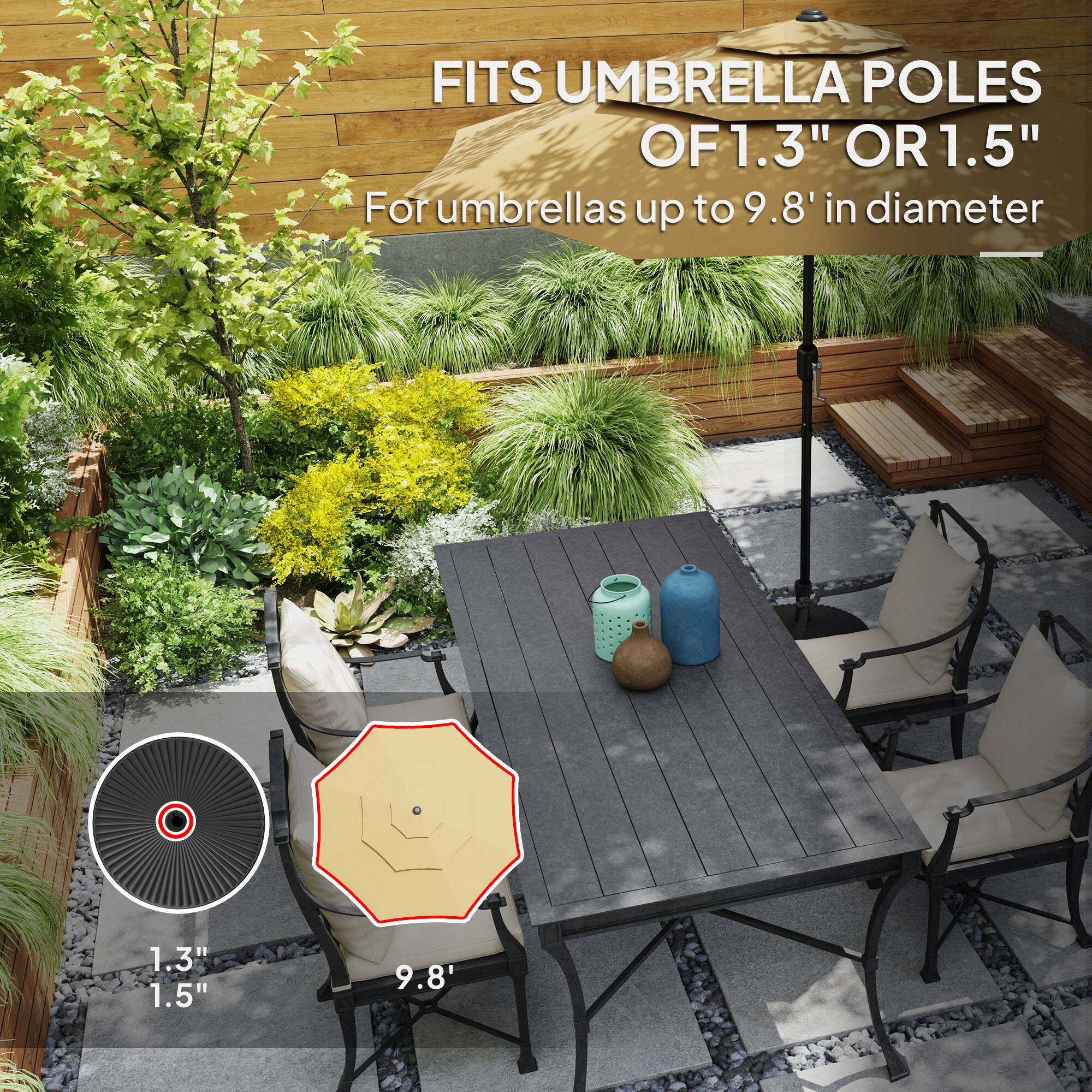 FITS UMBRELLA POLES OF 1.3" OR 1.5" For umbrellas up to 9.8' in diameter 1.3" 1.5" 9.8'