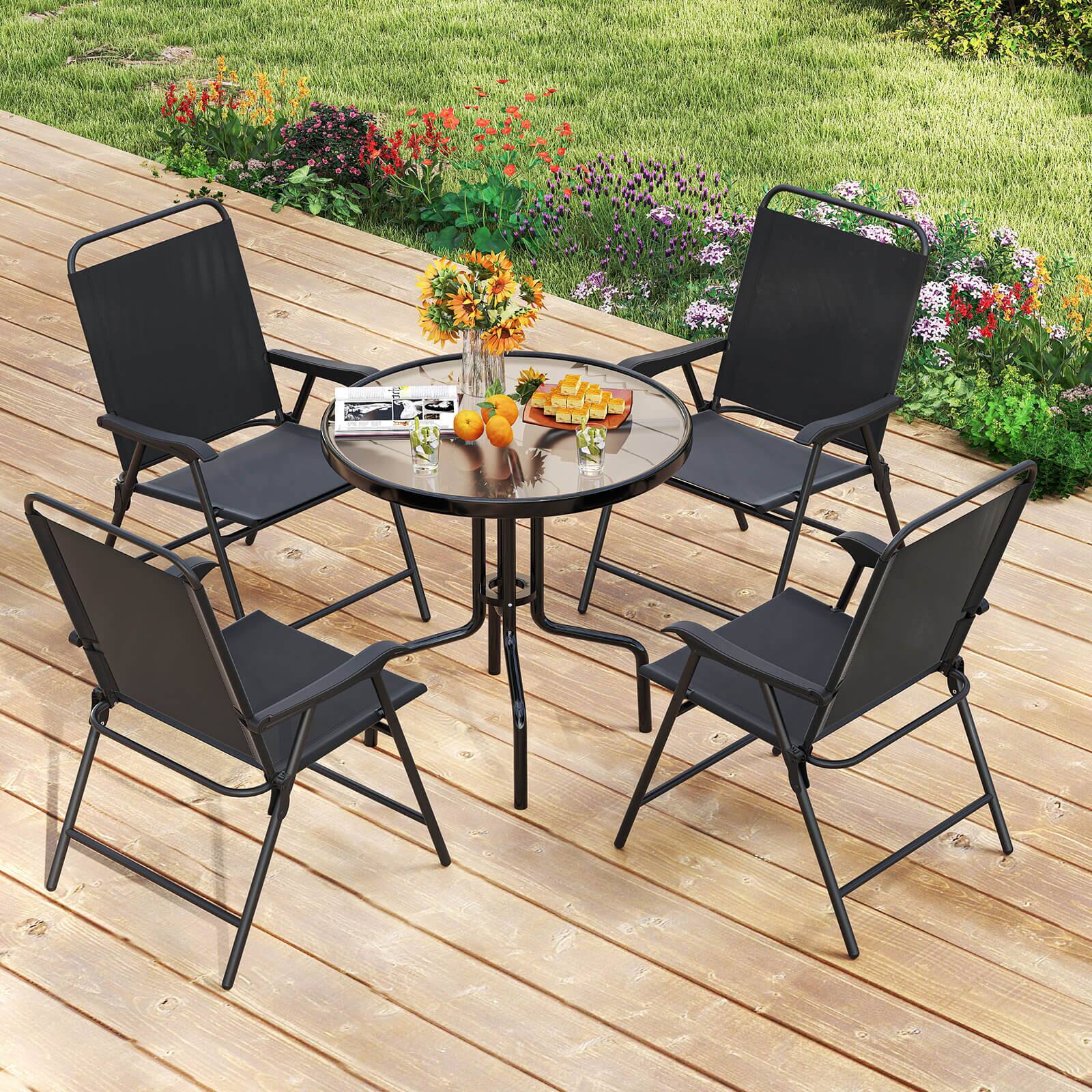 Alt View 4. Costway - Costway Set of 4 Outdoor Folding Dining Chairs with Armrests Breathable Seat Metal Frame - Black.