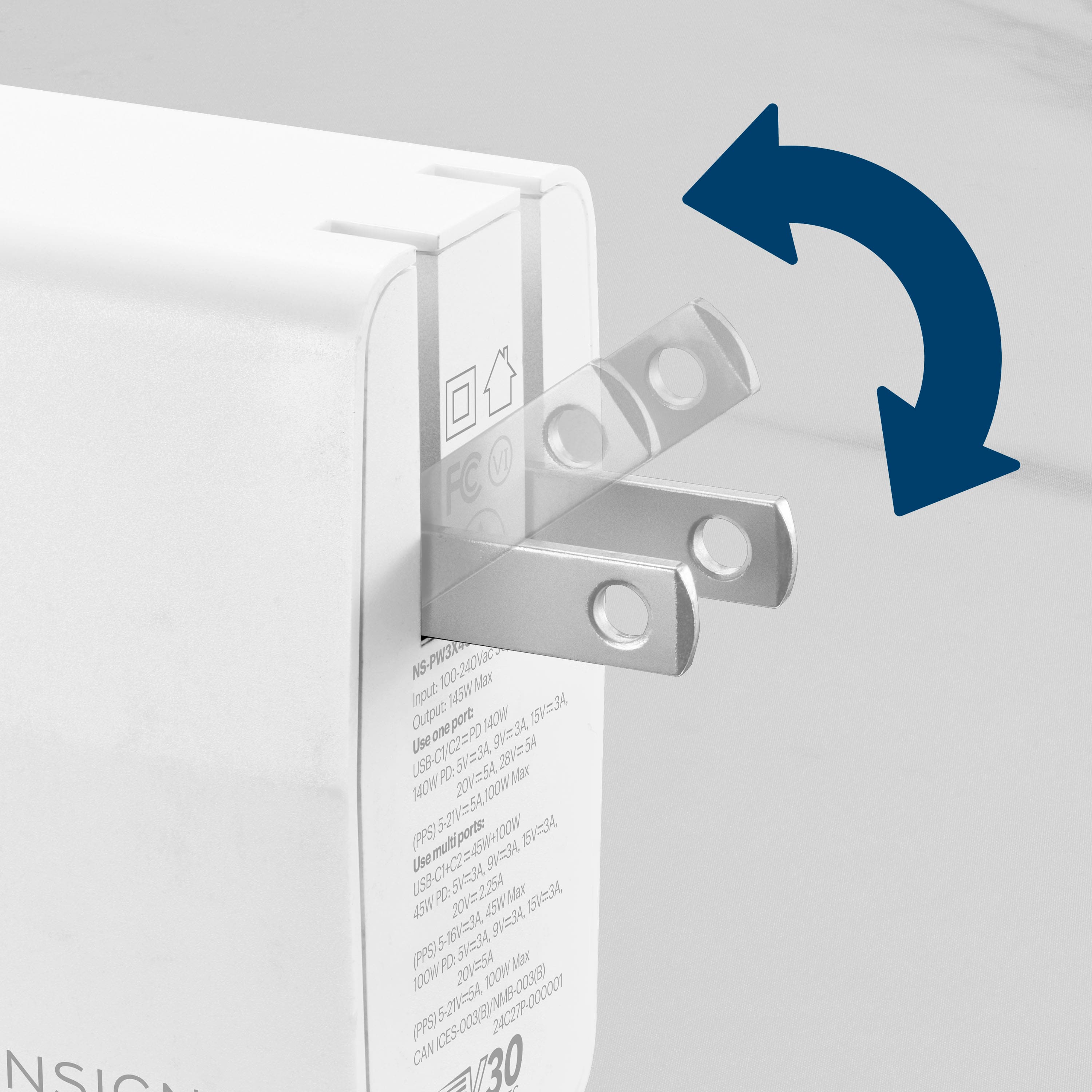 The text on the image reads:
"V FC NSI NS-PWT 100-240V Mtr input. 1SW V=3 Use one port Outout one port. OW USS-C1C2=PD Use 9ES 5VESA 28V-S PO: 20V=5 Max 14OW WOO 5-21V=SA10OM 5.21 W=54 ports (FPS) multiports: mulo 45W+10OW Use CHCZ 9 USB PO: 2012.25A Mer 45W 45W 15 513 Y=A6 (PRS) FLE S Mzr 1OOW 20154 WOK CES-003EYNMB-00(8 24C27P-000001 52% (FFS) CAN V30"
The text is a combination of various product specifications and features, including voltage input, power output, and compatibility with different devices.