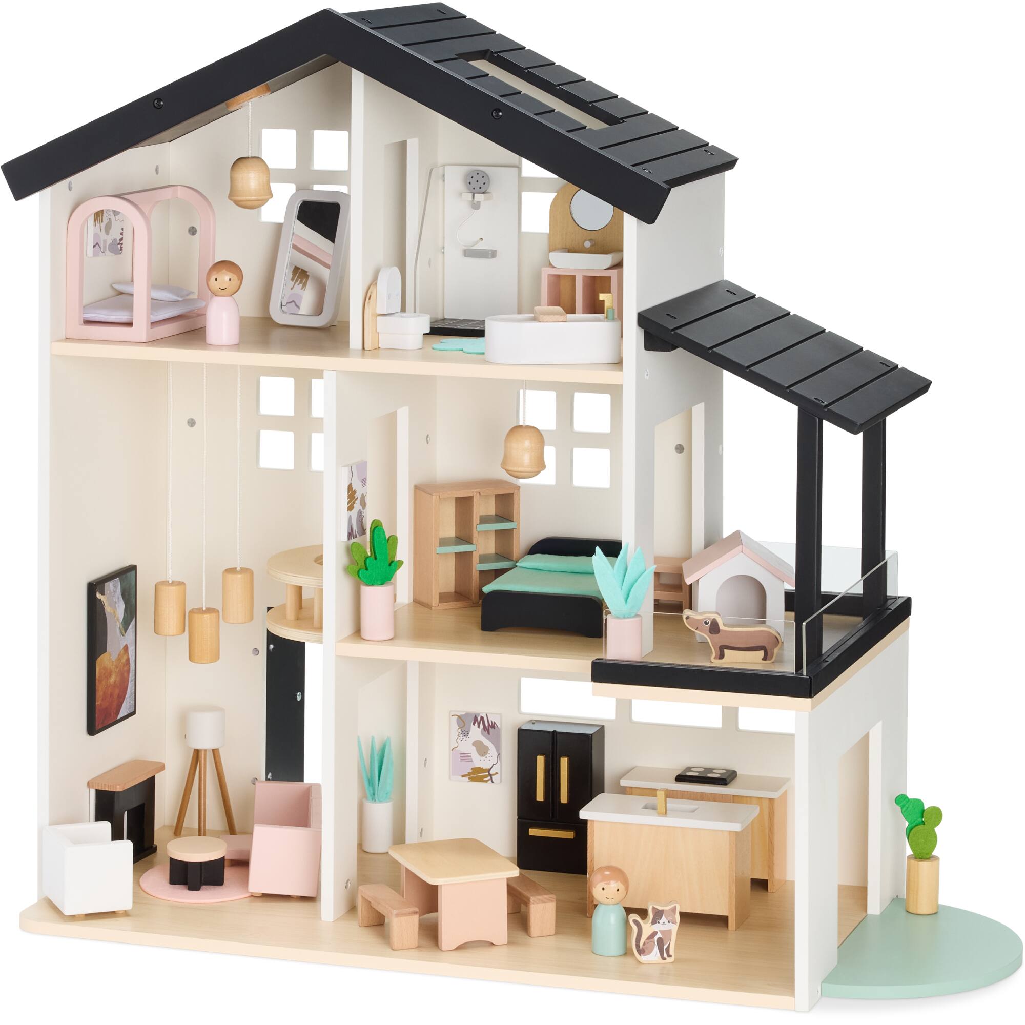 Alt View 8. Best Choice Products - Best Choice Products 3-Story Wooden Dollhouse with 40 Accessories, Modern Doll House Pretend Play Set - White - Black.