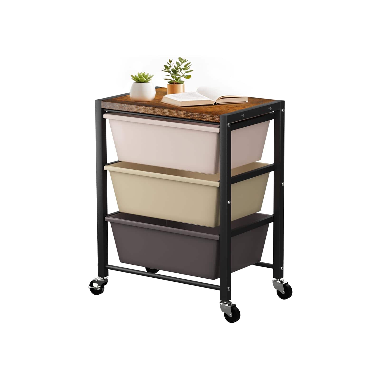 The Best Inks - Rolling Cart With 5 Drawers Plastic Drawer Storage Carts Wheels & Wooden Tabletop Metal Utility - Dark Brown 3-Drawer