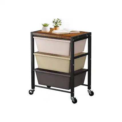 Front. JETRANSPORT - Rolling Cart With 5 Drawers Plastic Drawer Storage Carts Wheels & Wooden Tabletop Metal Utility - Dark Brown 3-Drawer.