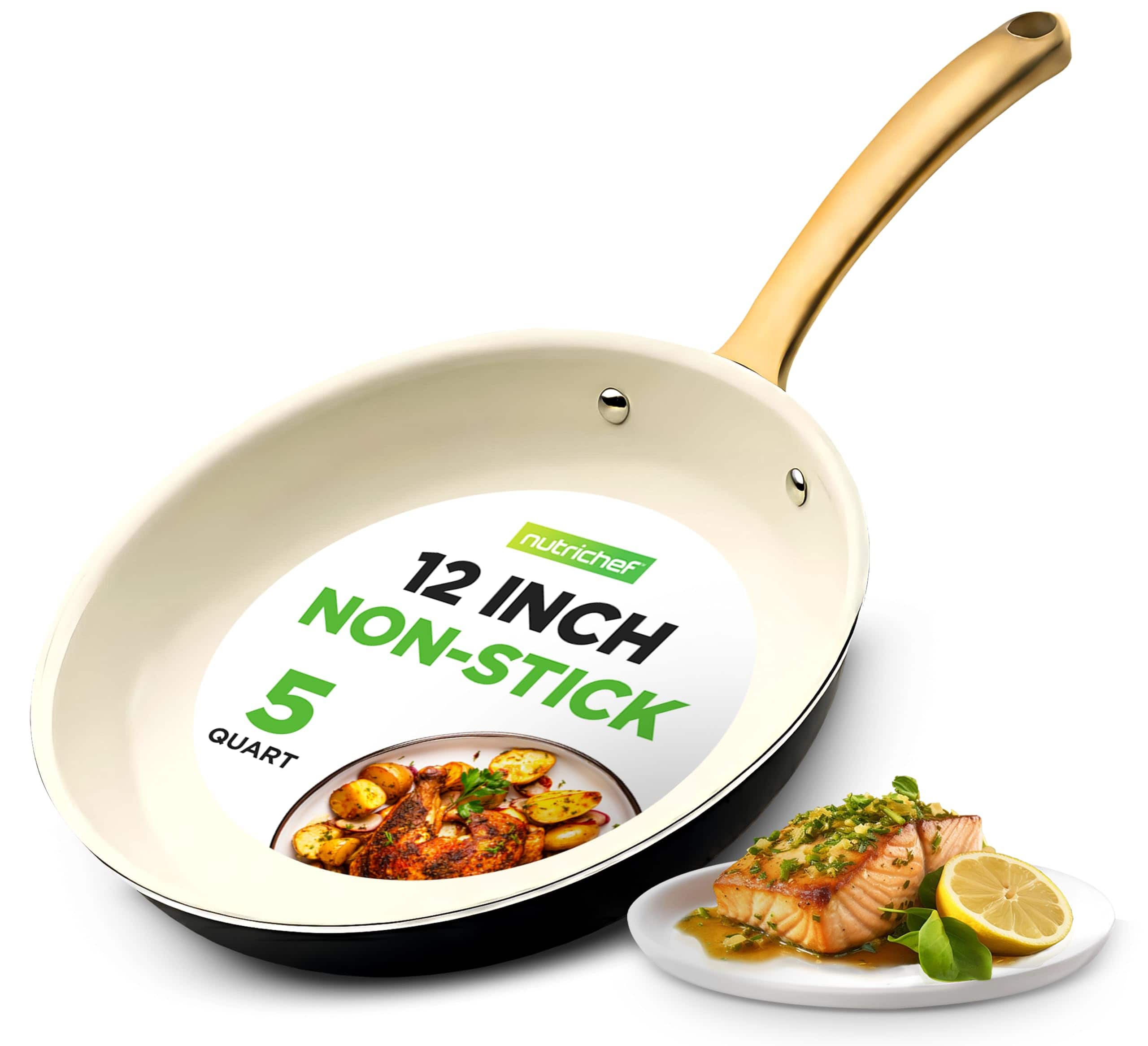 NutriChef - 12-Inch Professional Ceramic Frying Pan, Golden Titanium Handle, Non-Stick, Easy to Clean (NCHG12) - Black