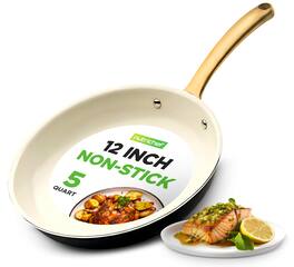 NutriChef - 12-Inch Professional Ceramic Frying Pan, Golden Titanium Handle, Non-Stick, Easy to Clean (NCHG12) - Black