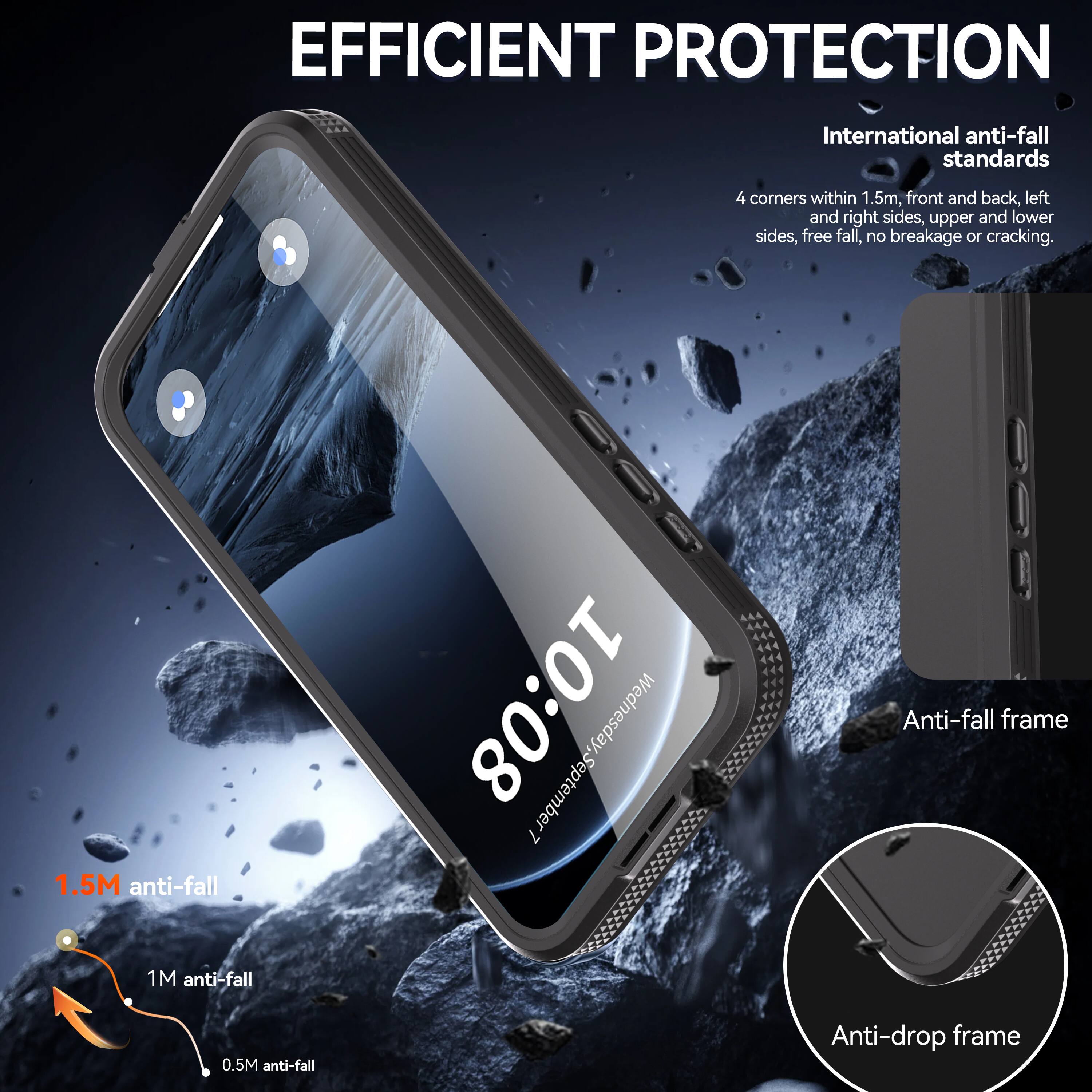 EFFICIENT PROTECTION

International anti-fall standards

4 corners within 1.5m, front and back, left and right sides, upper and lower sides, free fall, no breakage or cracking.

1.5M anti-fall  
1M anti-fall  
0.5M anti-fall

Anti-fall frame  
Anti-drop frame