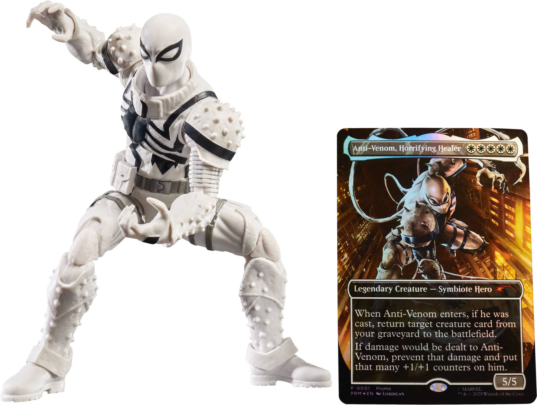 Anti-Venom, Horrifying Healer  
Legendary Creature — Symbiote Hero  

When Anti-Venom enters, if he was cast, return target creature card from your graveyard to the battlefield.  
If damage would be dealt to Anti-Venom, prevent that damage and put that many +1/+1 counters on him.  

5/5  

00DI Promo MARVEL iM EN LORDICAN