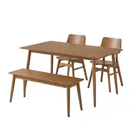 Alaterre Furniture - 59 in. Pine Wood Mid Century Modern Dining Table with Bench Seat and Set of 2 Rubber Wood Chairs - Warm Walnut