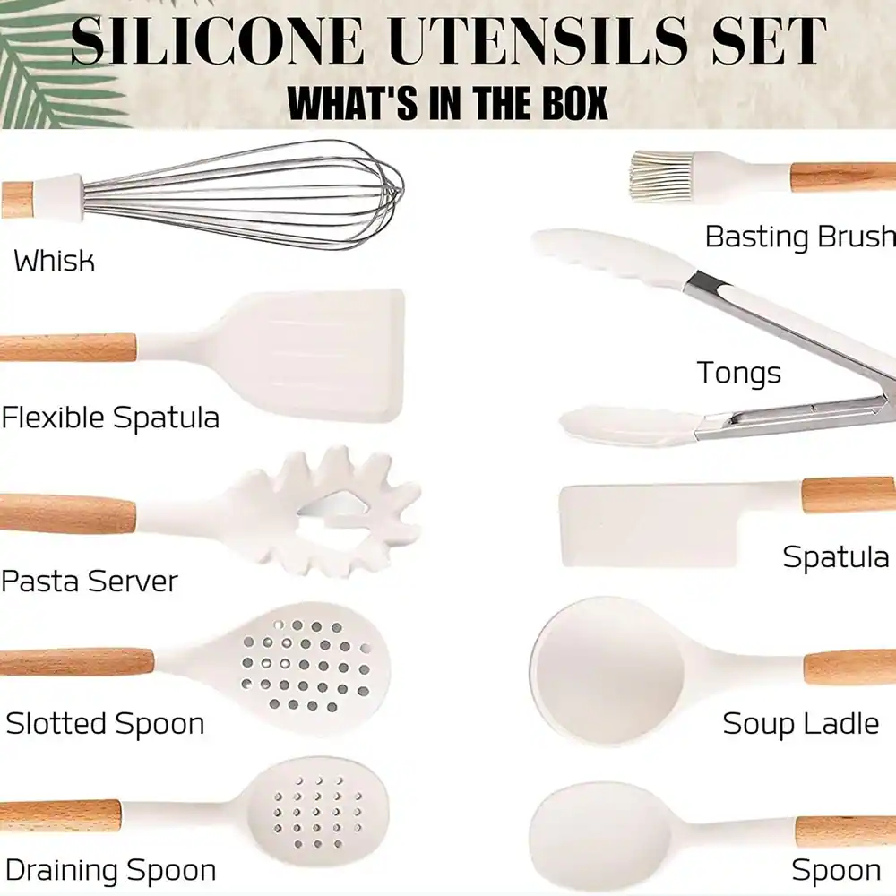 SILICONE UTENSILS SET
WHAT'S IN THE BOX
- Whisk
- Flexible Spatula
- Pasta Server
- Slotted Spoon
- Draining Spoon
- Basting Brush
- Tongs
- Spatula
- Soup Ladle
- Spoon
