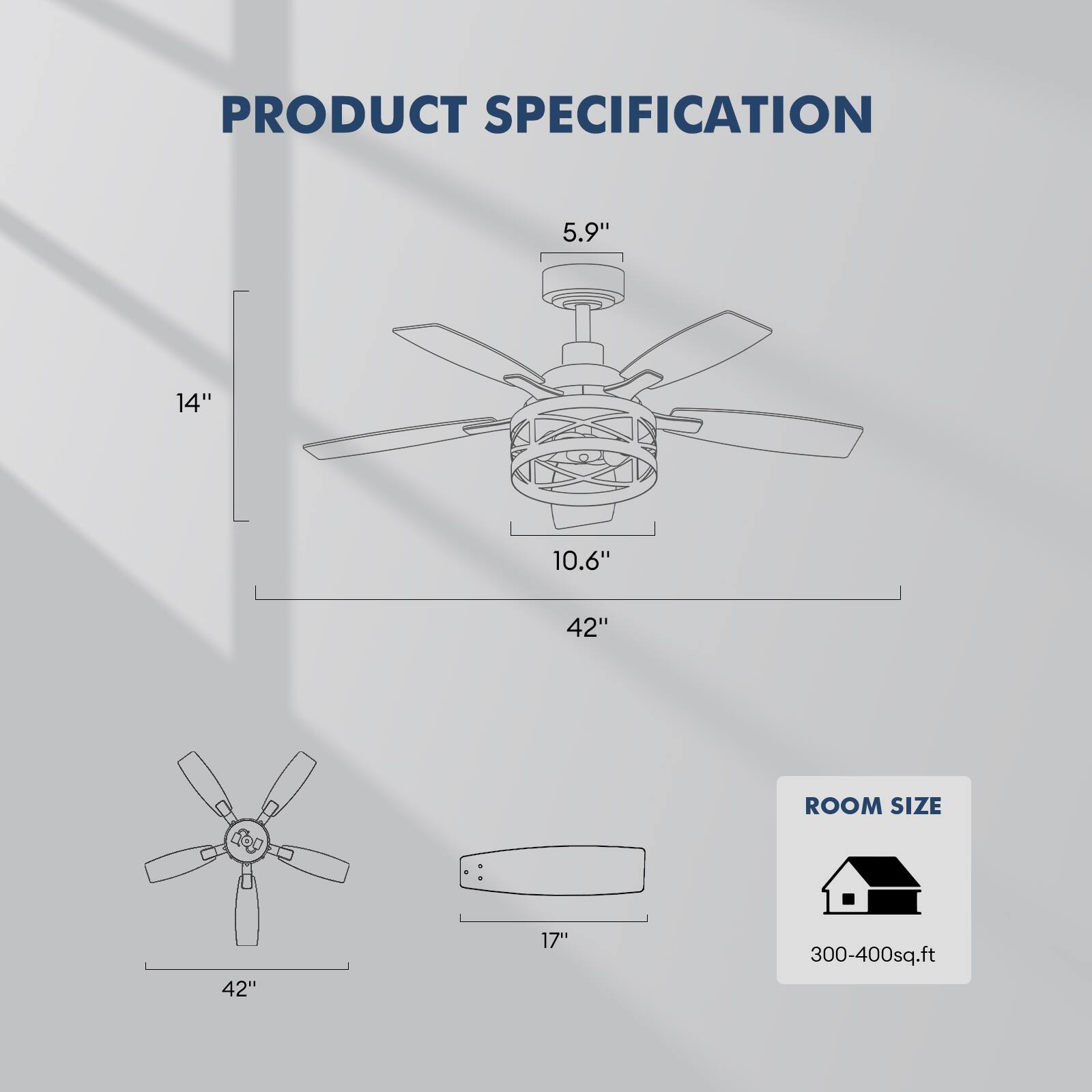 PRODUCT SPECIFICATION

- 5.9"
- 14"
- 10.6"
- 42"

ROOM SIZE: 300-400 sq.ft