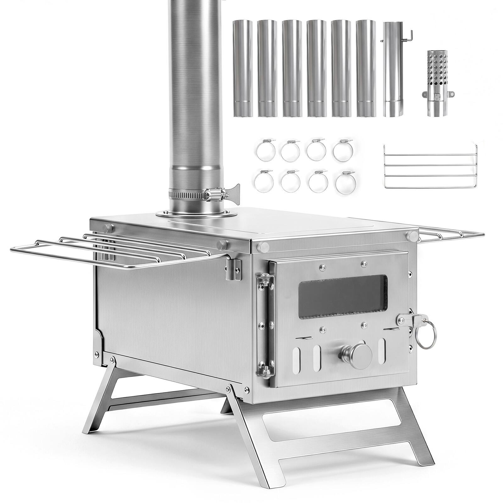 Alt View 9. Costway - Costway Hot Tent Stove, Portable Wood Burning Stove with 7 Chimney Pipes & Spark Arrestor - Silver.